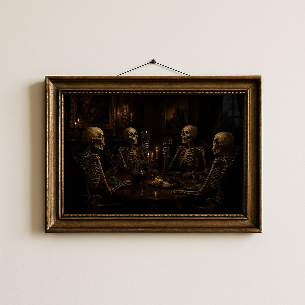 Skeleton Dinner Party Print | Halloween Wall Art | Dark Academia Gothic Decor | Macabre Dining Room Painting | Memento Mori Art