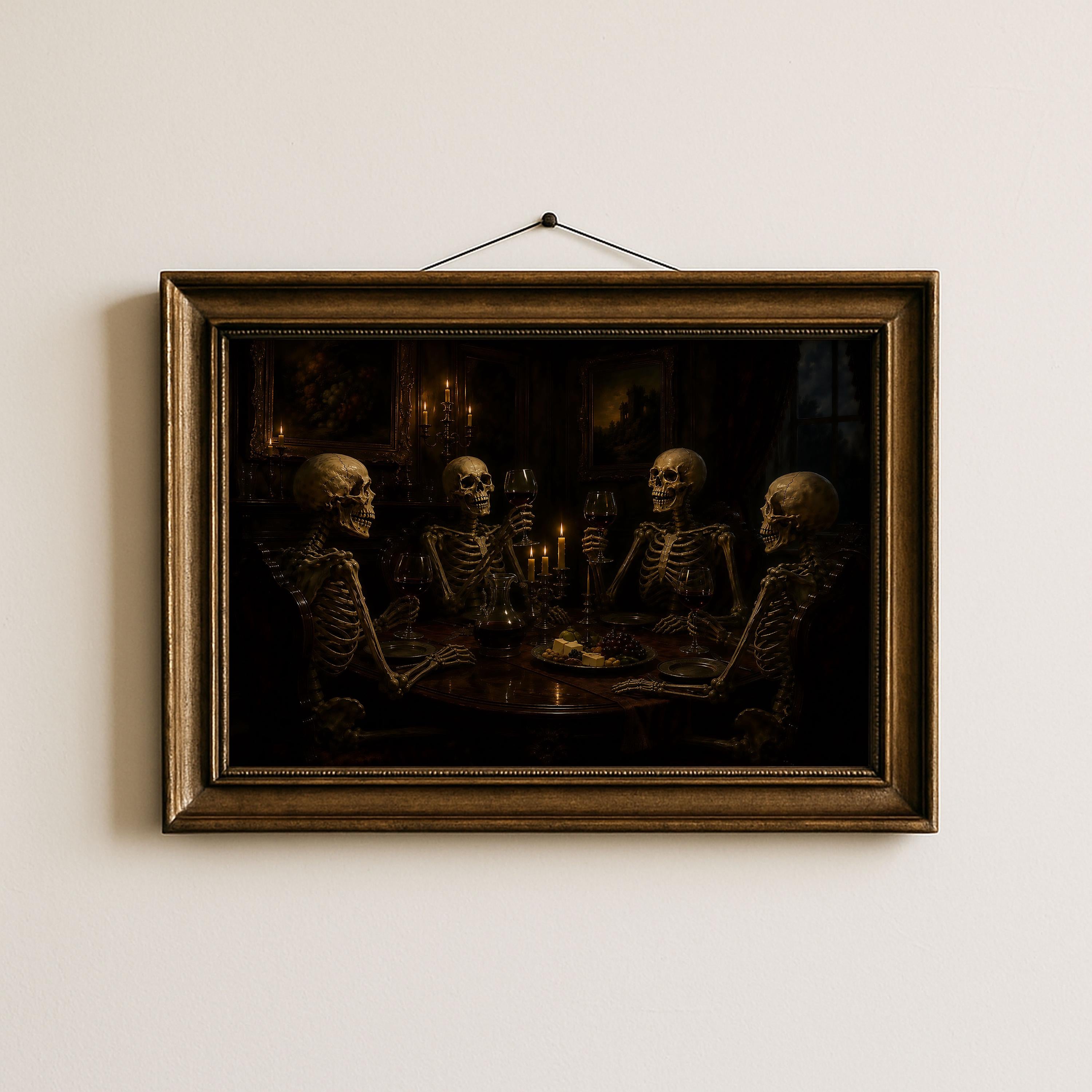 Skeleton Dinner Party Print | Halloween Wall Art | Dark Academia Gothic Decor | Macabre Dining Room Painting | Memento Mori Art