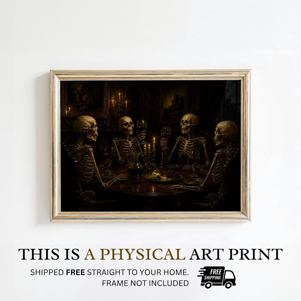 Skeleton Dinner Party Print | Halloween Wall Art | Dark Academia Gothic Decor | Macabre Dining Room Painting | Memento Mori Art