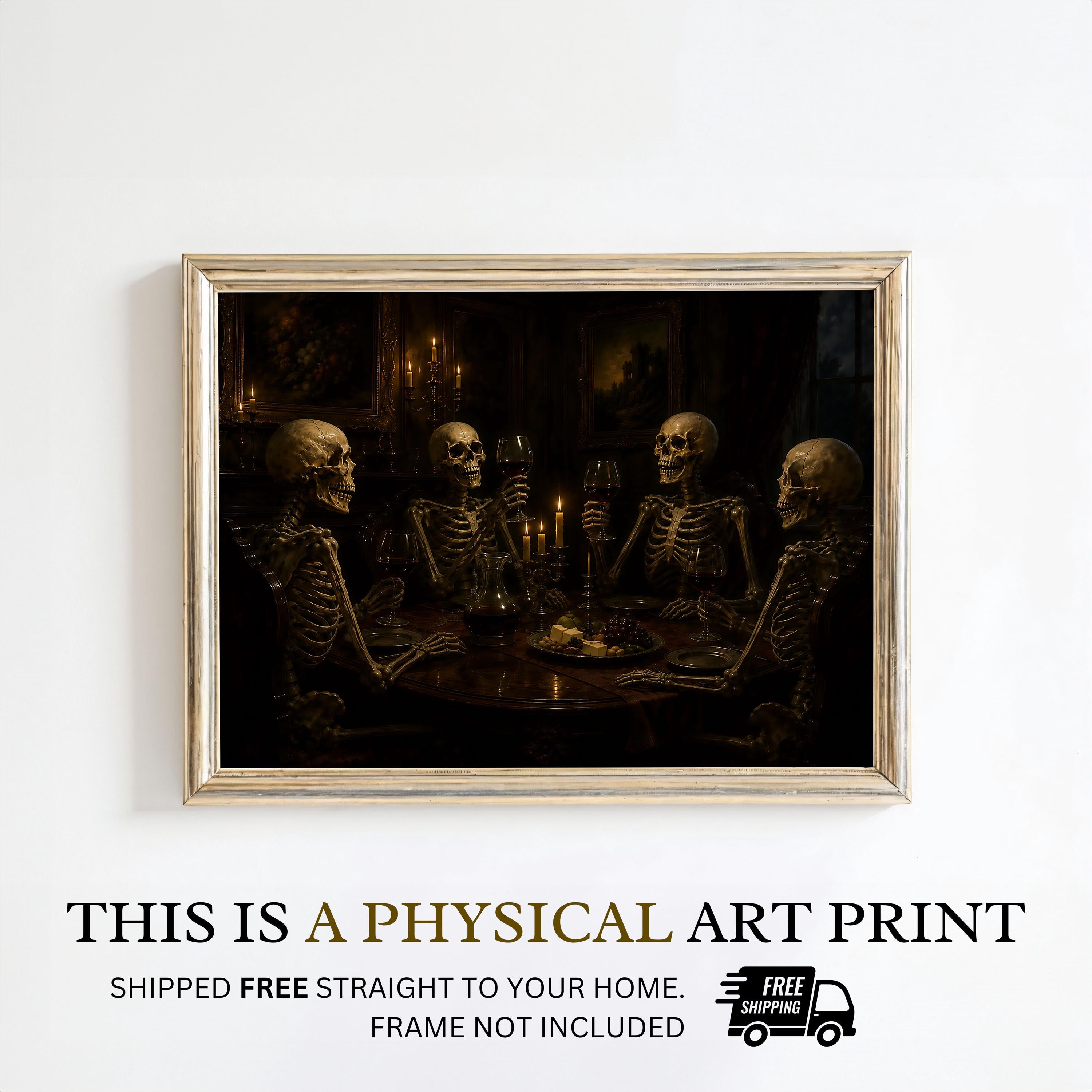 Skeleton Dinner Party Print | Halloween Wall Art | Dark Academia Gothic Decor | Macabre Dining Room Painting | Memento Mori Art