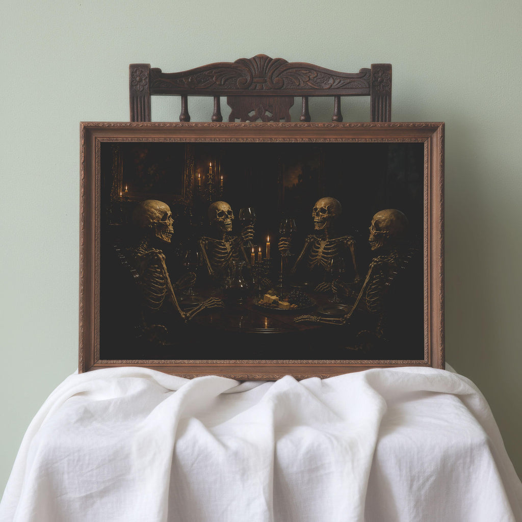Skeleton Dinner Party Print | Halloween Wall Art | Dark Academia Gothic Decor | Macabre Dining Room Painting | Memento Mori Art