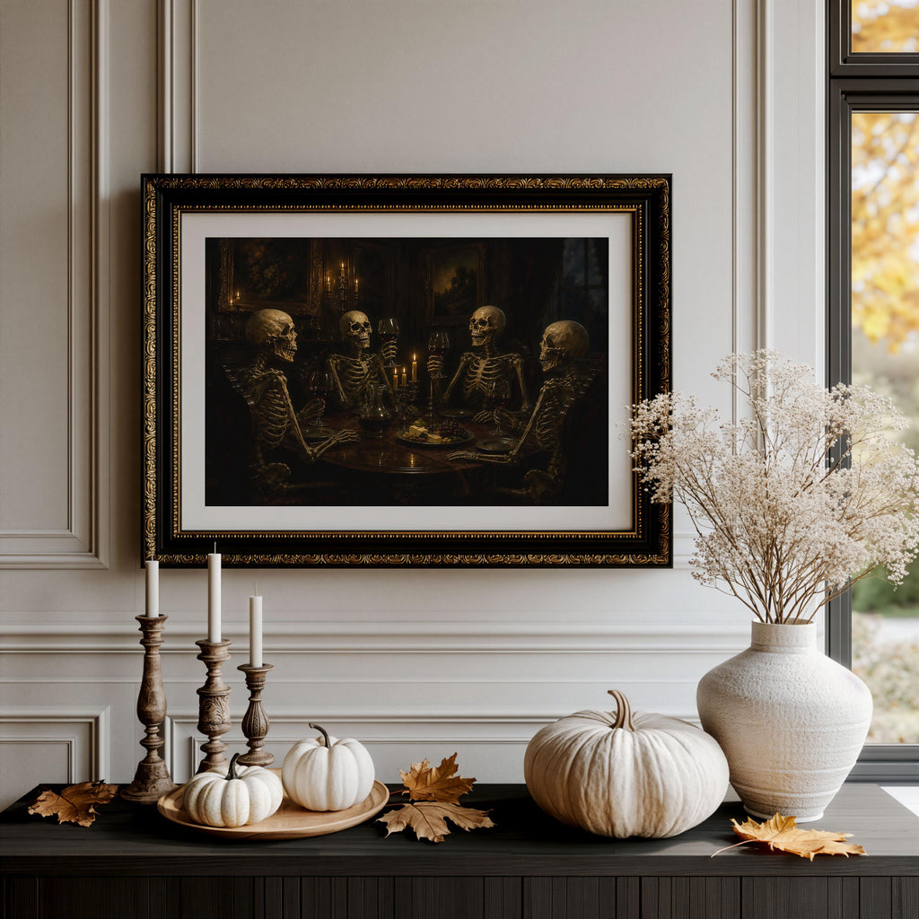 Skeleton Dinner Party Print | Halloween Wall Art | Dark Academia Gothic Decor | Macabre Dining Room Painting | Memento Mori Art