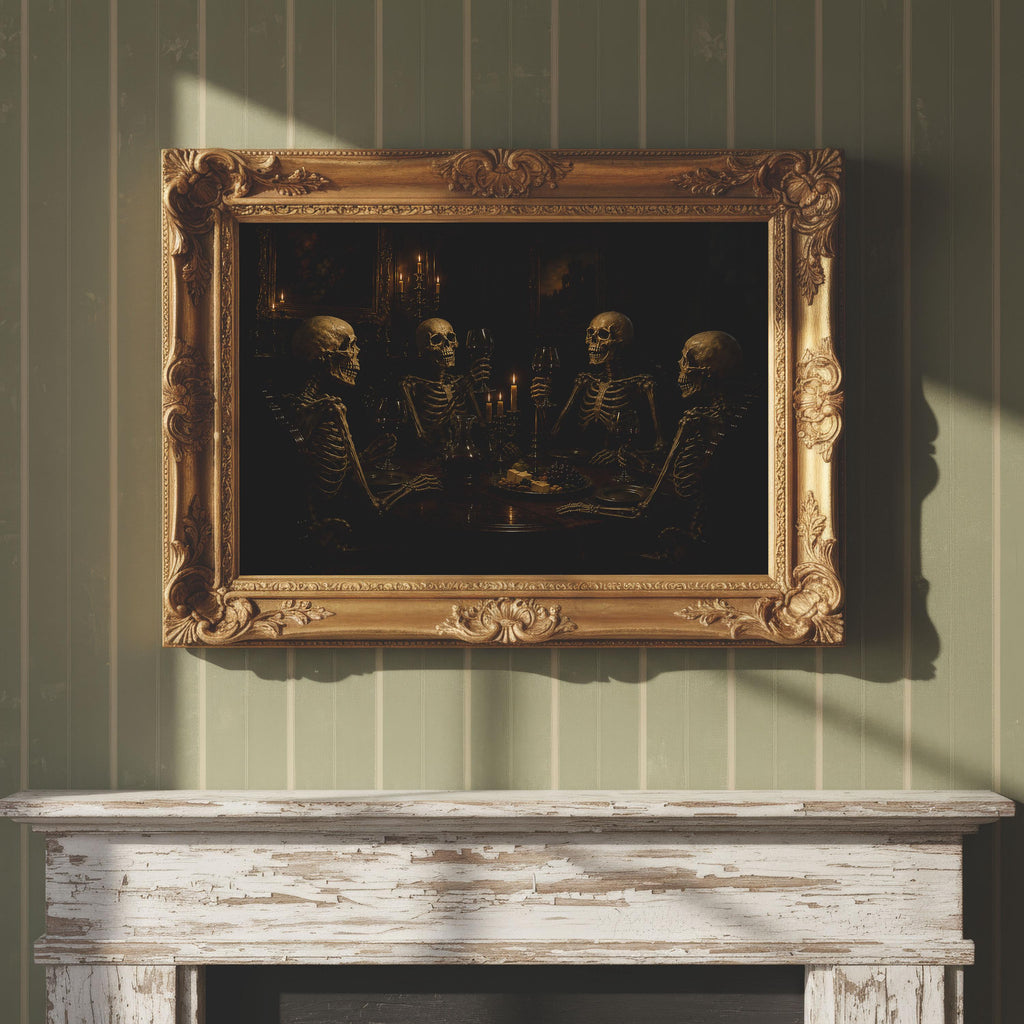 Skeleton Dinner Party Print | Halloween Wall Art | Dark Academia Gothic Decor | Macabre Dining Room Painting | Memento Mori Art