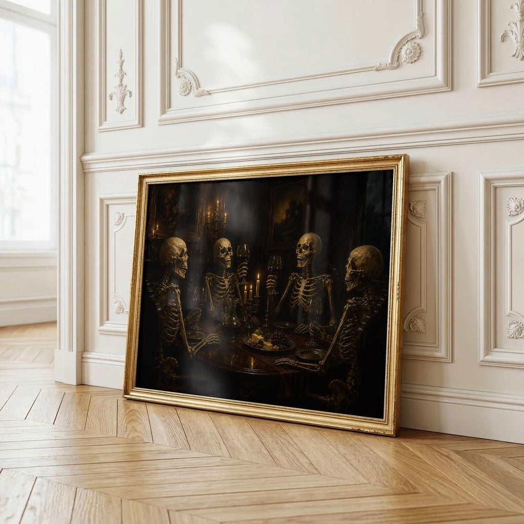 Skeleton Dinner Party Print | Halloween Wall Art | Dark Academia Gothic Decor | Macabre Dining Room Painting | Memento Mori Art