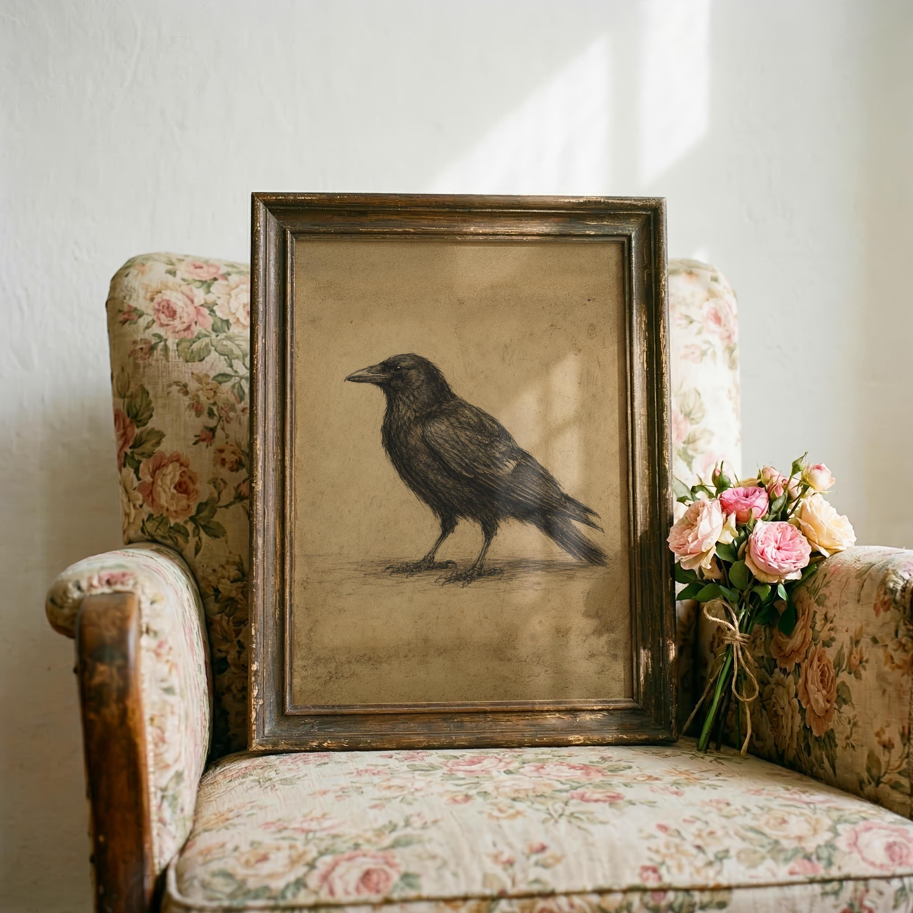 Vintage Crow Sketch Wall Art | Gothic Raven Print | Dark Cottagecore Decor | Antique Bird Illustration | Rustic Nature Artwork