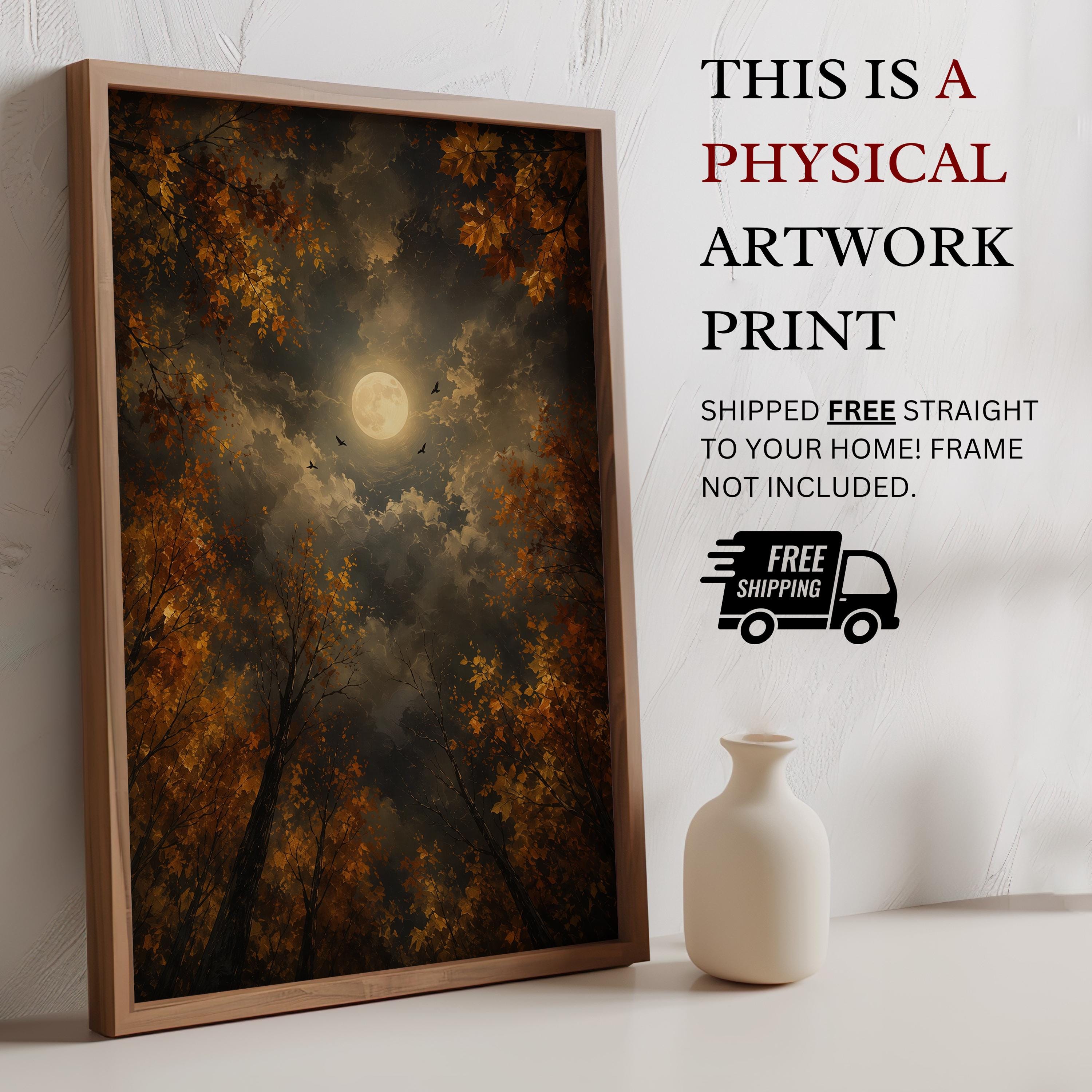 Autumn Moon Wall Art | Moody Fall Forest Painting | Gothic Landscape Print | Dark Cottagecore Decor | Night Sky Artwork