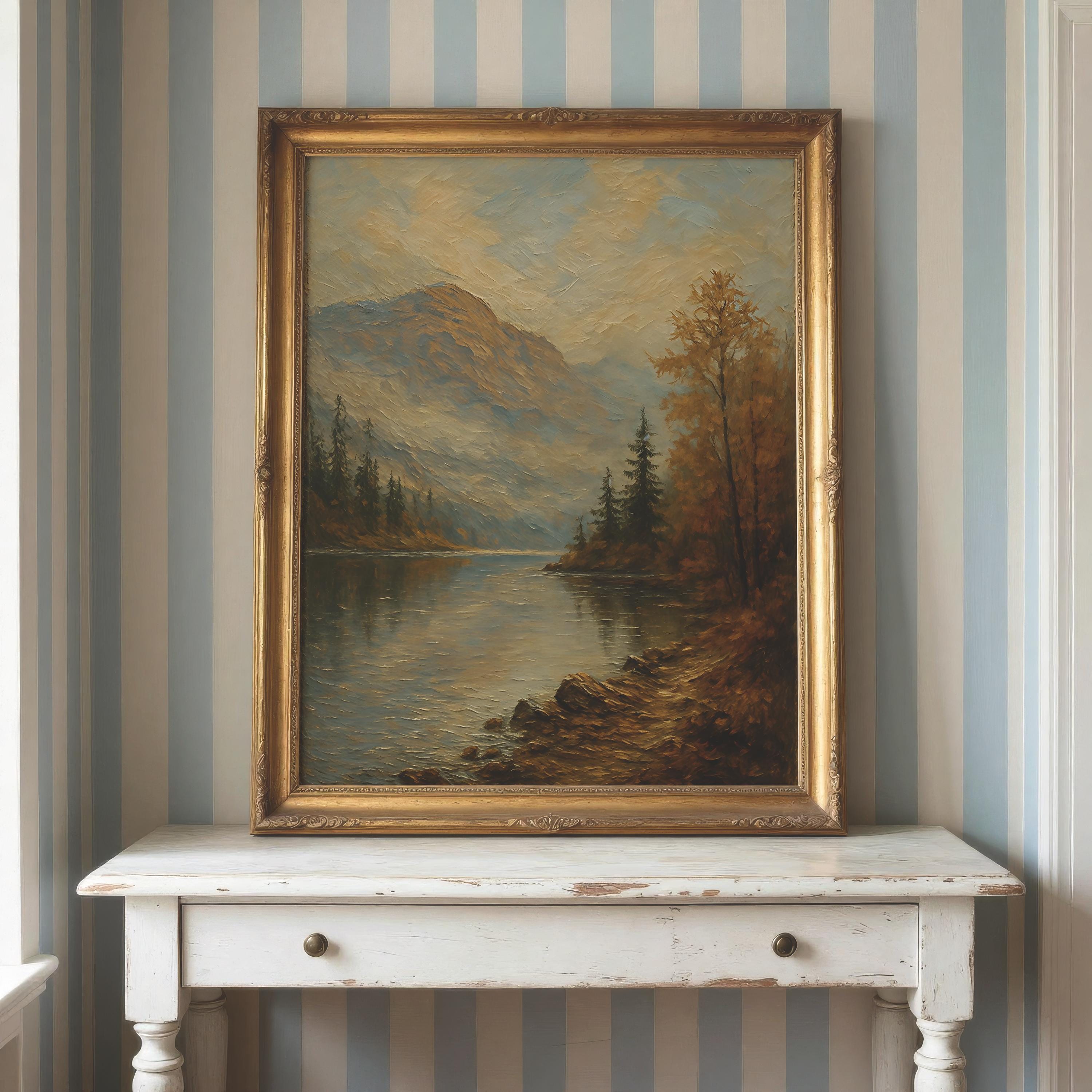 Vintage Autumn Lake Wall Art | Mountain Landscape Print | Rustic Cabin Decor | Fall Nature Painting | Woodland Lake Artwork
