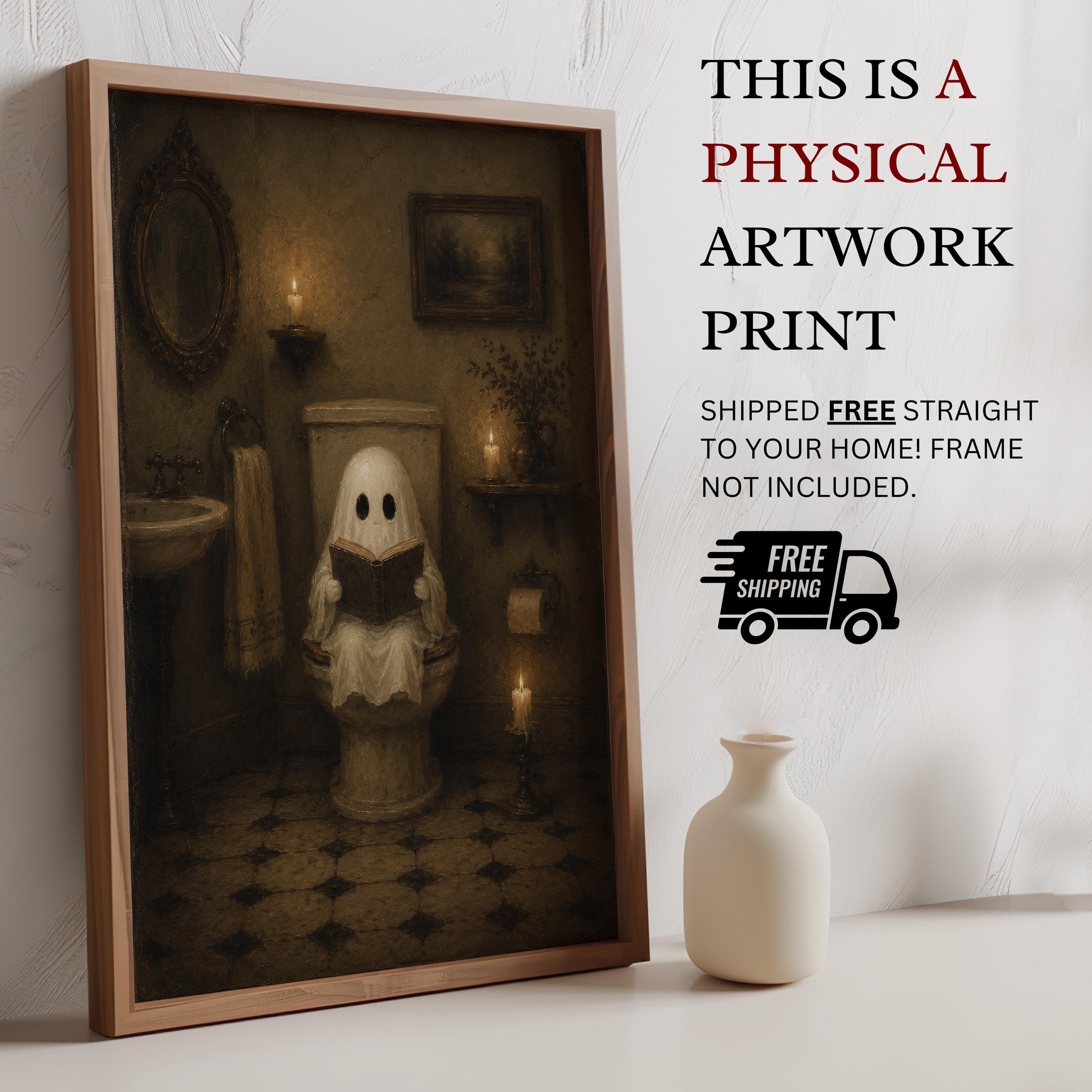 Ghost on Toilet Wall Art | Funny Bathroom Wall Decor | Vintage Halloween Bathroom Print | Cute Spooky Above Toilet Artwork