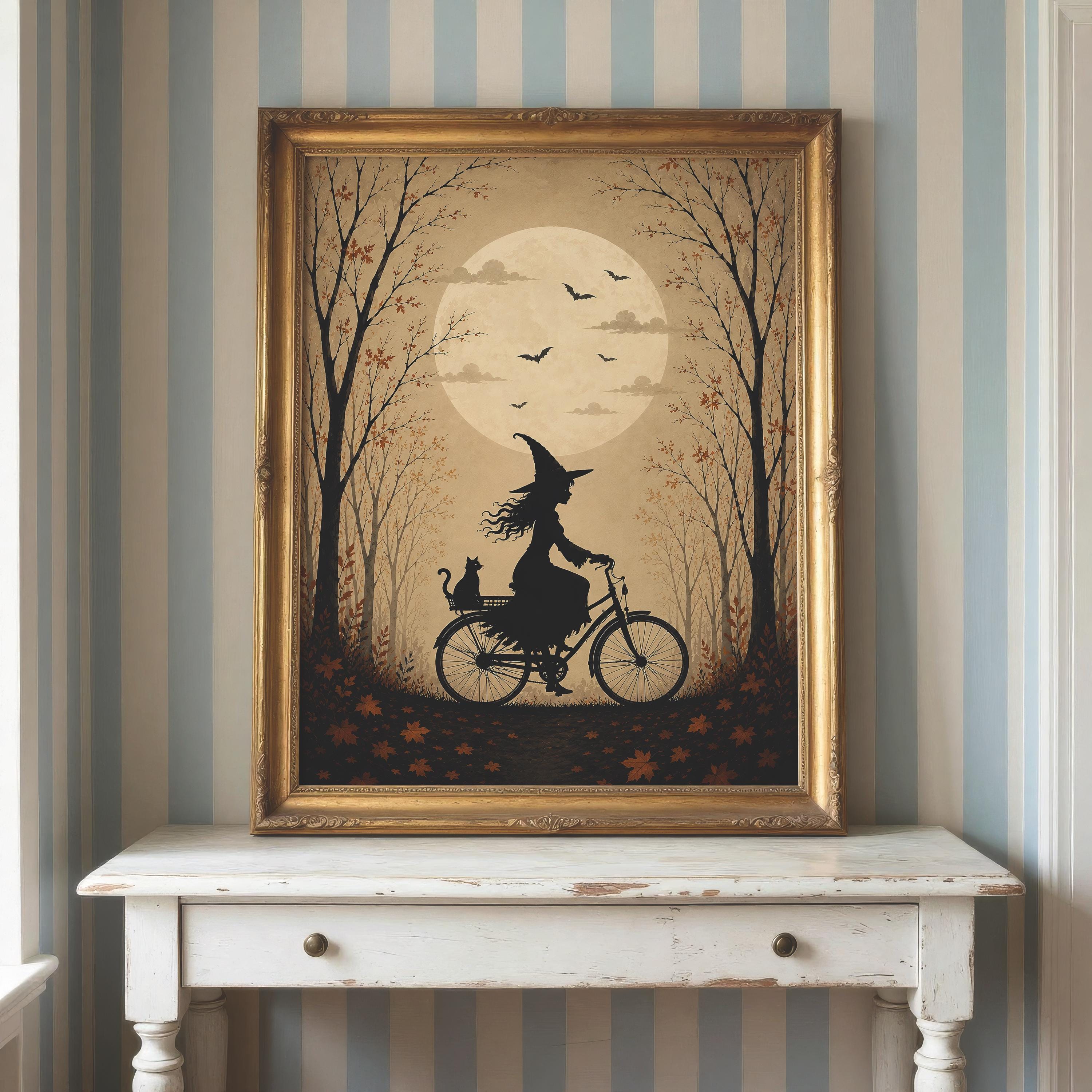 Witch on Bicycle Wall Art | Vintage Halloween Print | Moonlit Autumn Landscape | Dark Cottagecore Decor | Witchcore Artwork