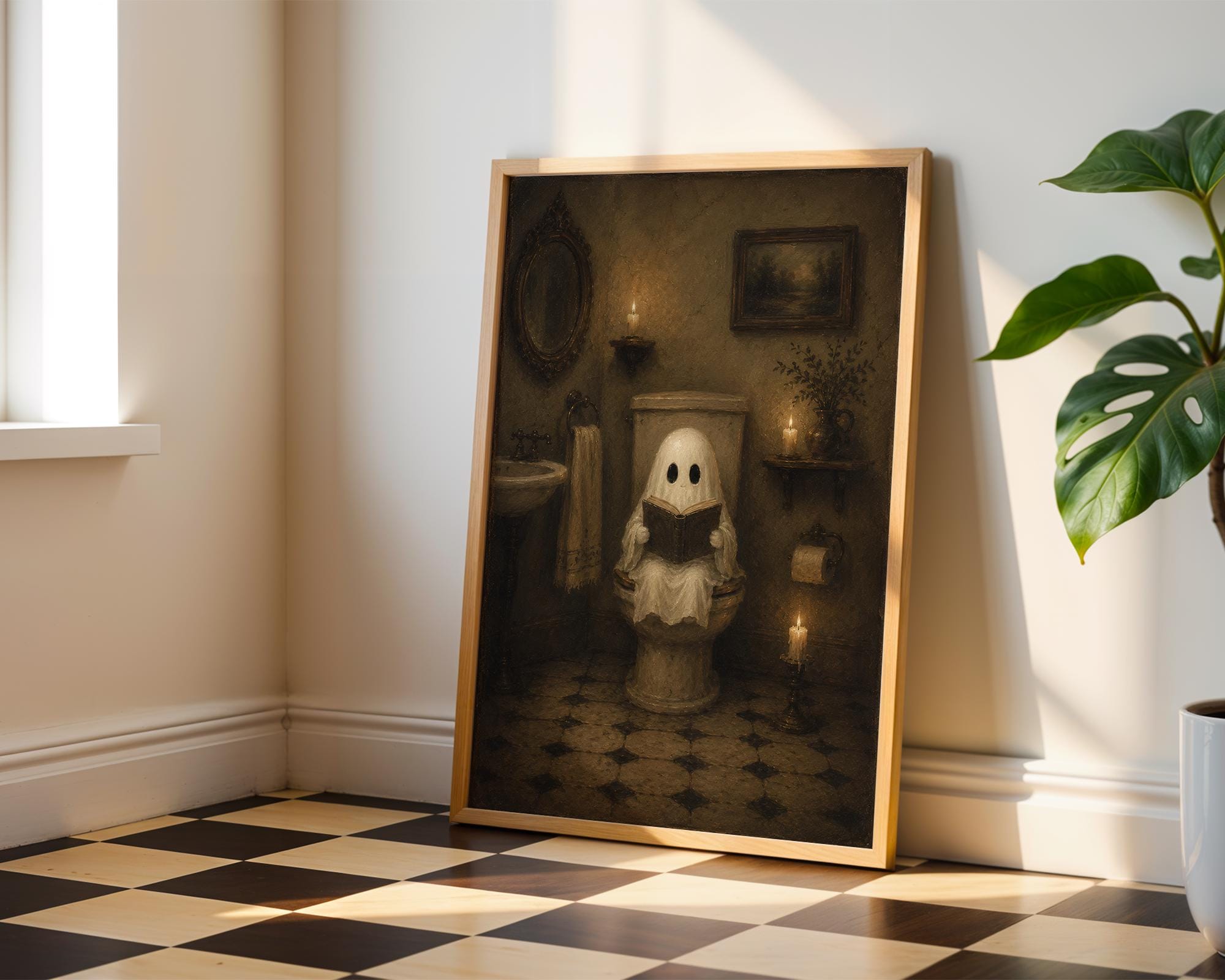 Ghost on Toilet Wall Art | Funny Bathroom Wall Decor | Vintage Halloween Bathroom Print | Cute Spooky Above Toilet Artwork