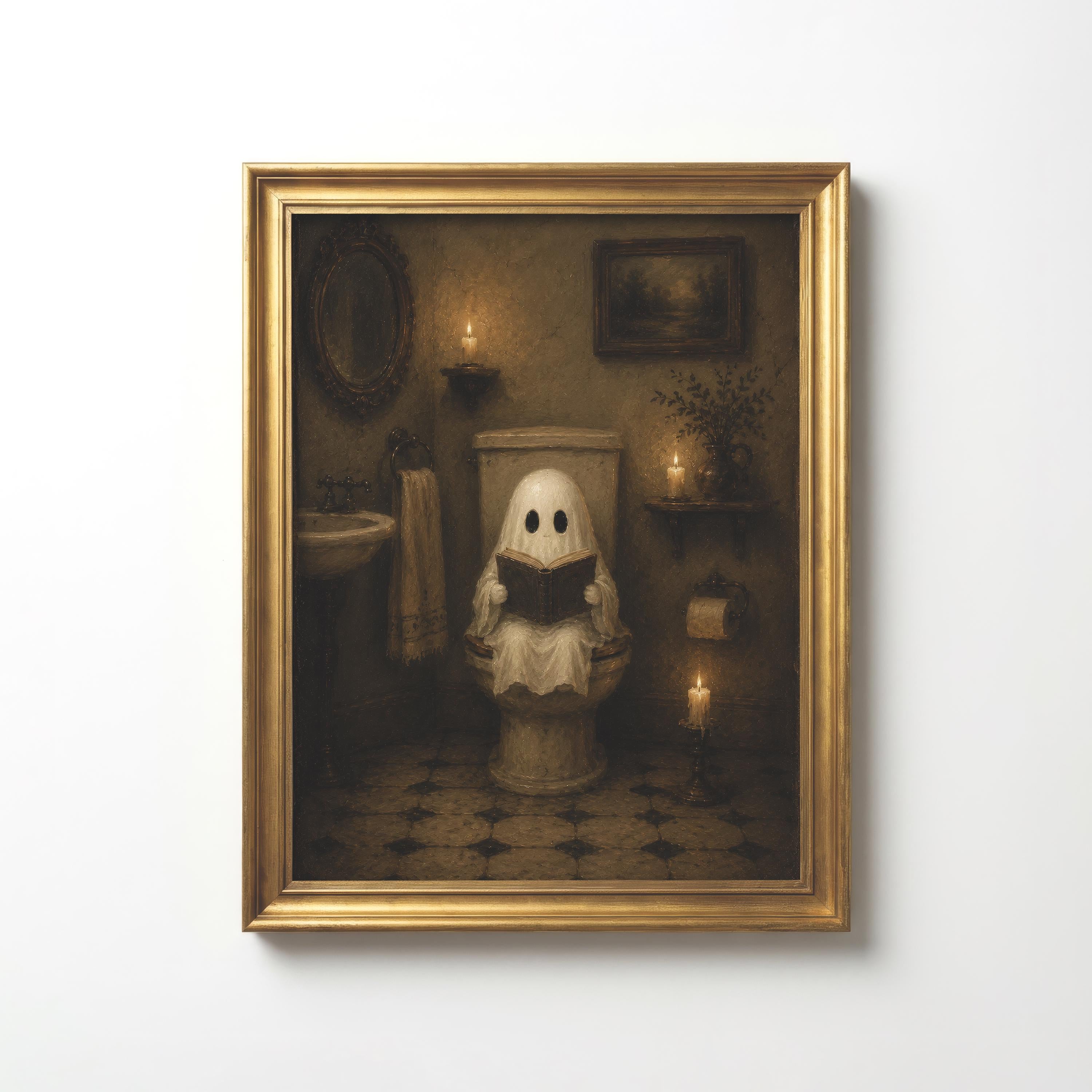 Ghost on Toilet Wall Art | Funny Bathroom Wall Decor | Vintage Halloween Bathroom Print | Cute Spooky Above Toilet Artwork