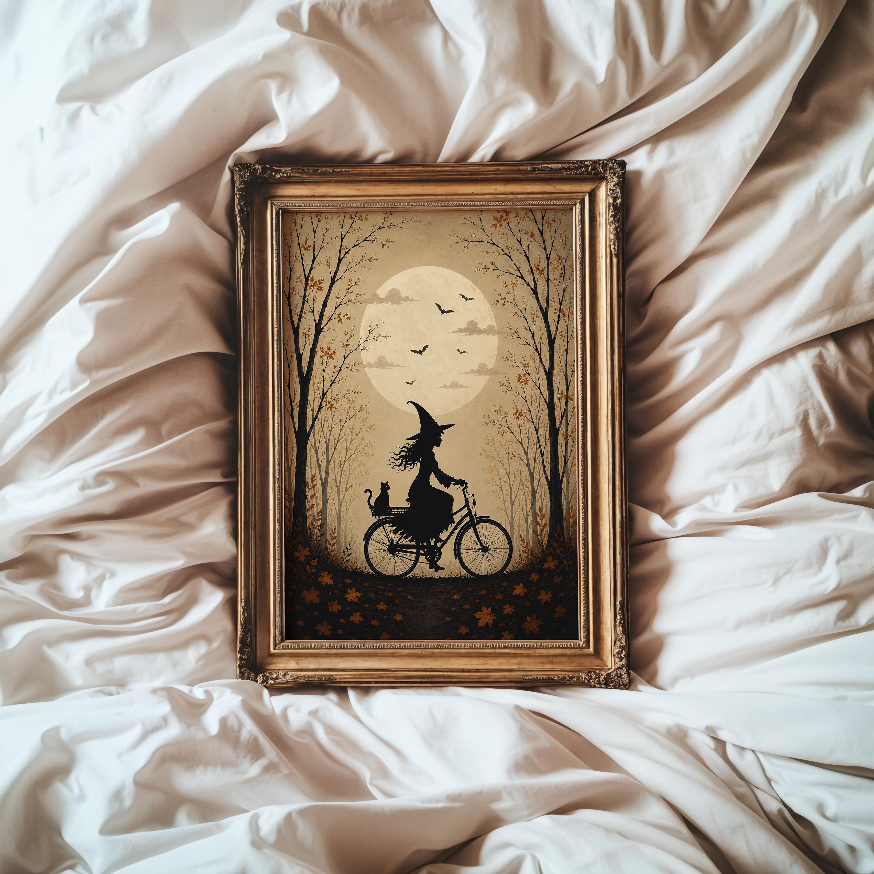 Witch on Bicycle Wall Art | Vintage Halloween Print | Moonlit Autumn Landscape | Dark Cottagecore Decor | Witchcore Artwork