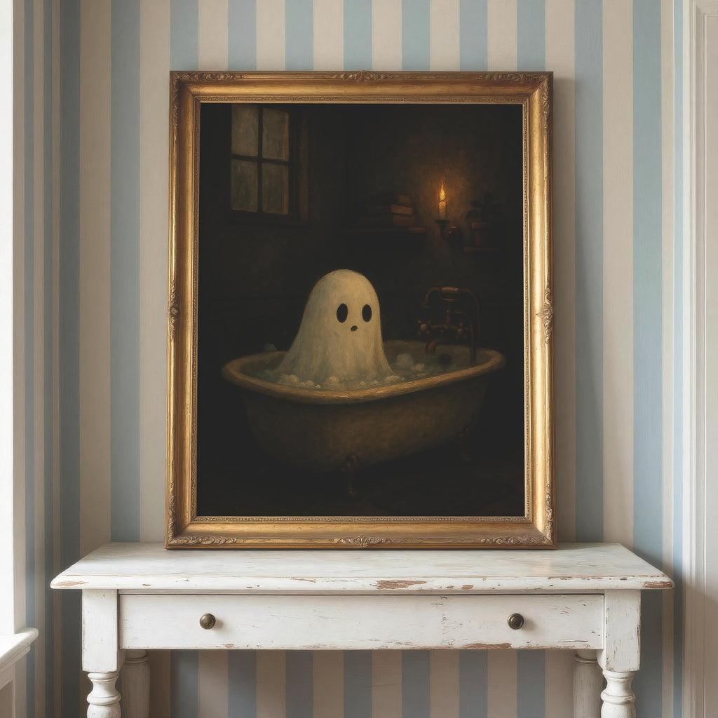 Halloween Ghost Print | Ghost in Bathtub Wall Decor | Haunted Aesthetic | Moody Halloween Bathroom Art | Moody Bathing Ghost