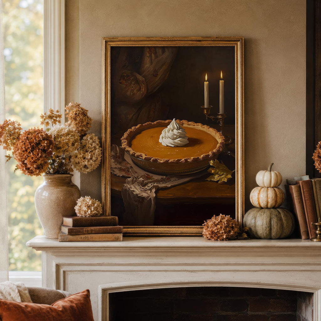 Pumpkin Pie Wall Art | Moody Kitchen Decor | Autumn Dessert Painting | Thanksgiving Farmhouse Artwork