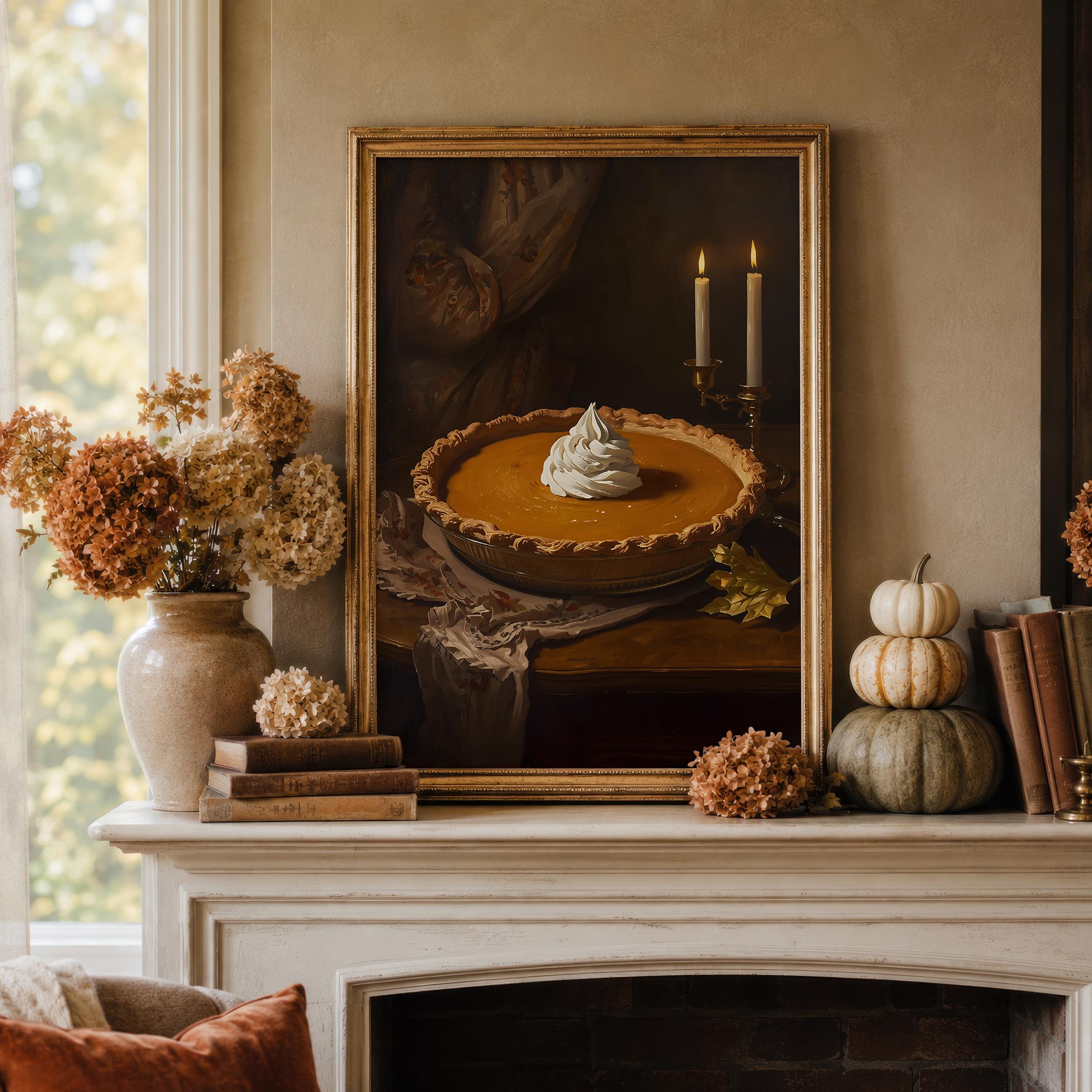 Pumpkin Pie Wall Art | Moody Kitchen Decor | Autumn Dessert Painting | Thanksgiving Farmhouse Artwork