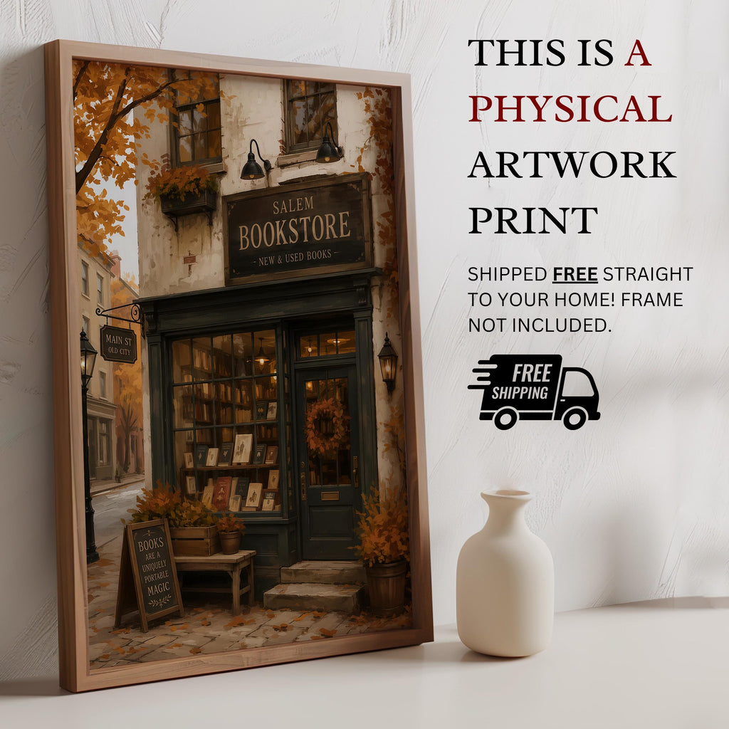 Bookstore Wall Art Print | Dark Academia Bookshop Decor | Cozy Autumn Artwork | Salem Massachusetts Halloween Wall Print