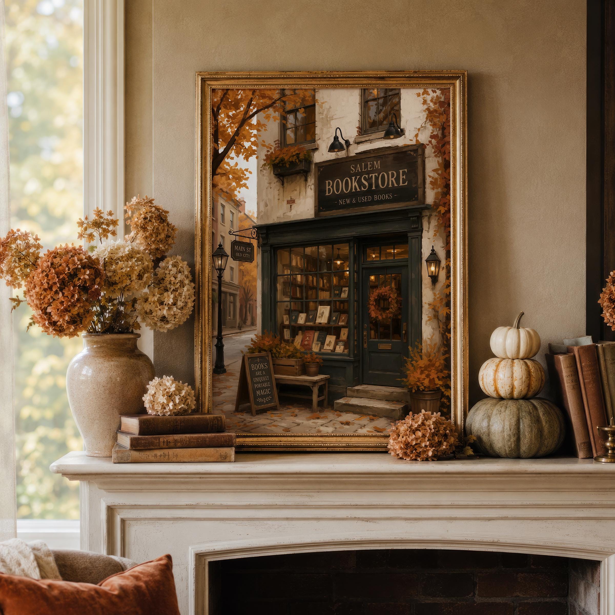 Bookstore Wall Art Print | Dark Academia Bookshop Decor | Cozy Autumn Artwork | Salem Massachusetts Halloween Wall Print