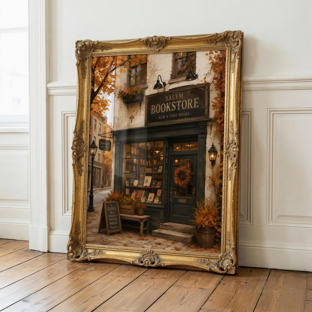 Bookstore Wall Art Print | Dark Academia Bookshop Decor | Cozy Autumn Artwork | Salem Massachusetts Halloween Wall Print