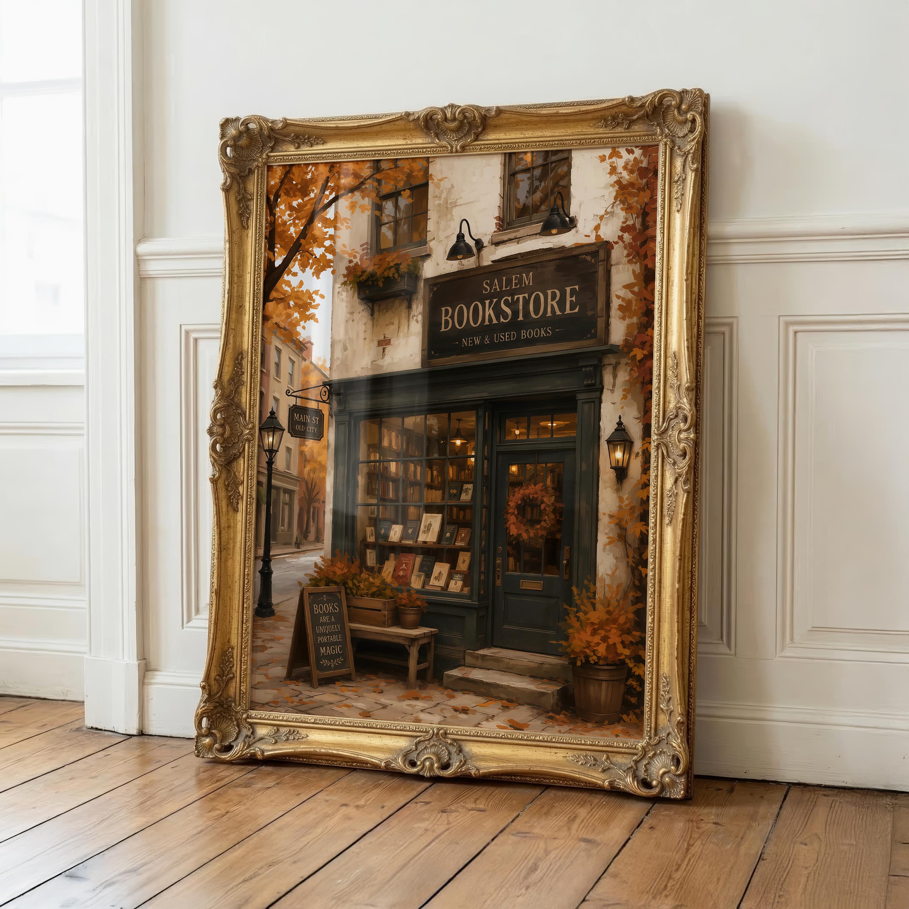 Bookstore Wall Art Print | Dark Academia Bookshop Decor | Cozy Autumn Artwork | Salem Massachusetts Halloween Wall Print