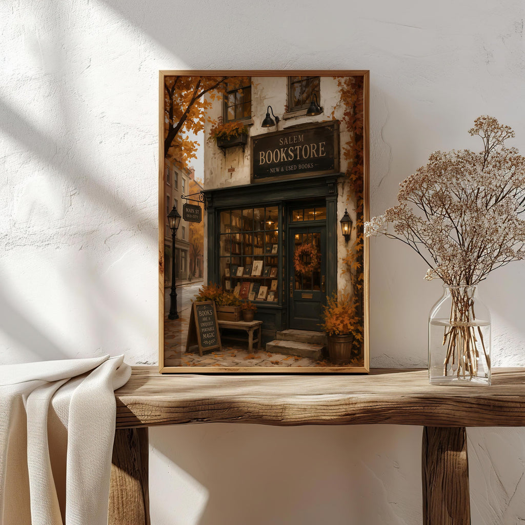 Bookstore Wall Art Print | Dark Academia Bookshop Decor | Cozy Autumn Artwork | Salem Massachusetts Halloween Wall Print