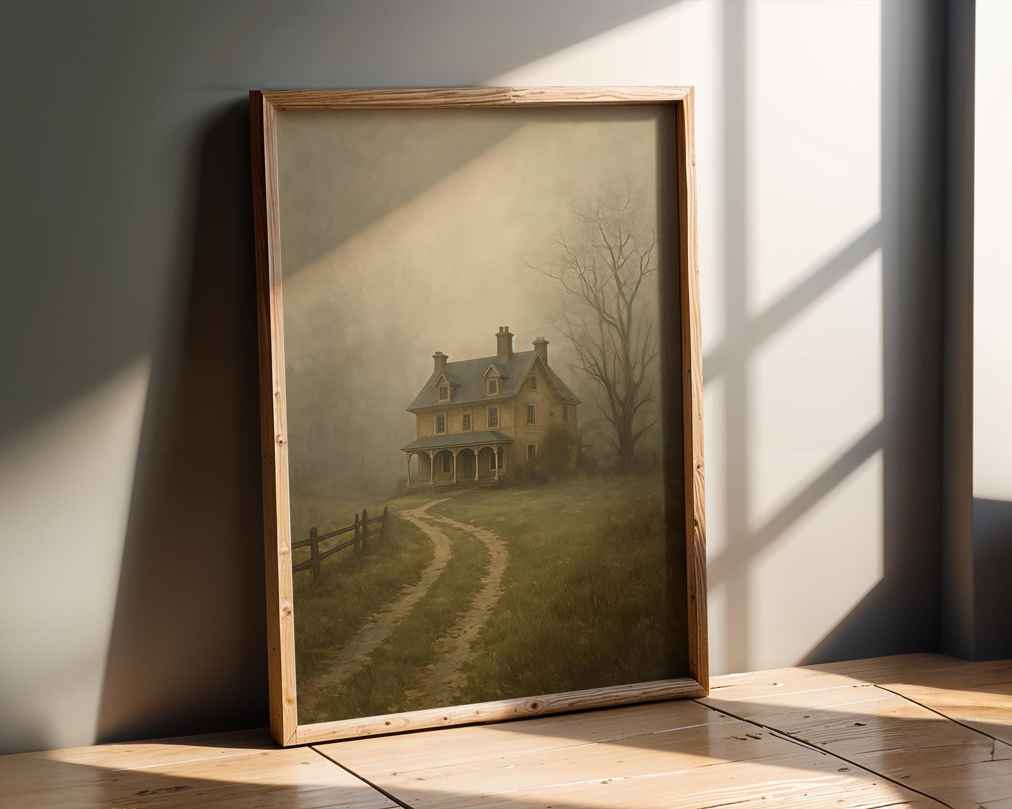 Haunted Farmhouse Wall Art | Moody Halloween Decor | Rustic Ghostly Landscape Print | Spooky Autumn Artwork