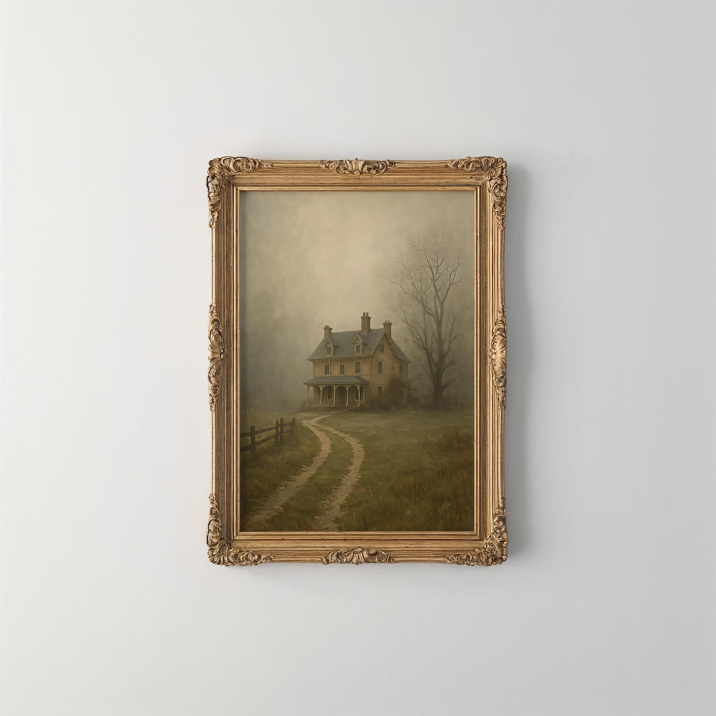 Haunted Farmhouse Wall Art | Moody Halloween Decor | Rustic Ghostly Landscape Print | Spooky Autumn Artwork