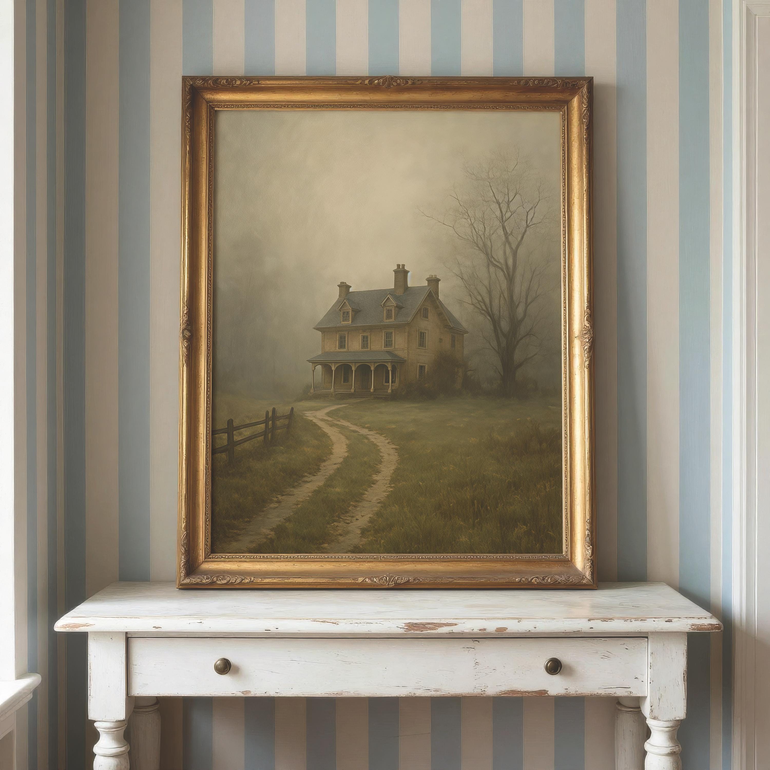 Haunted Farmhouse Wall Art | Moody Halloween Decor | Rustic Ghostly Landscape Print | Spooky Autumn Artwork