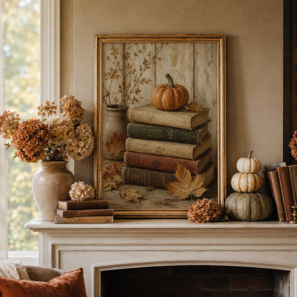 Pumpkin and Books Wall Art | Dark Academia Autumn Decor | Cozy Reading Nook Print | Fall Book Lover Gift