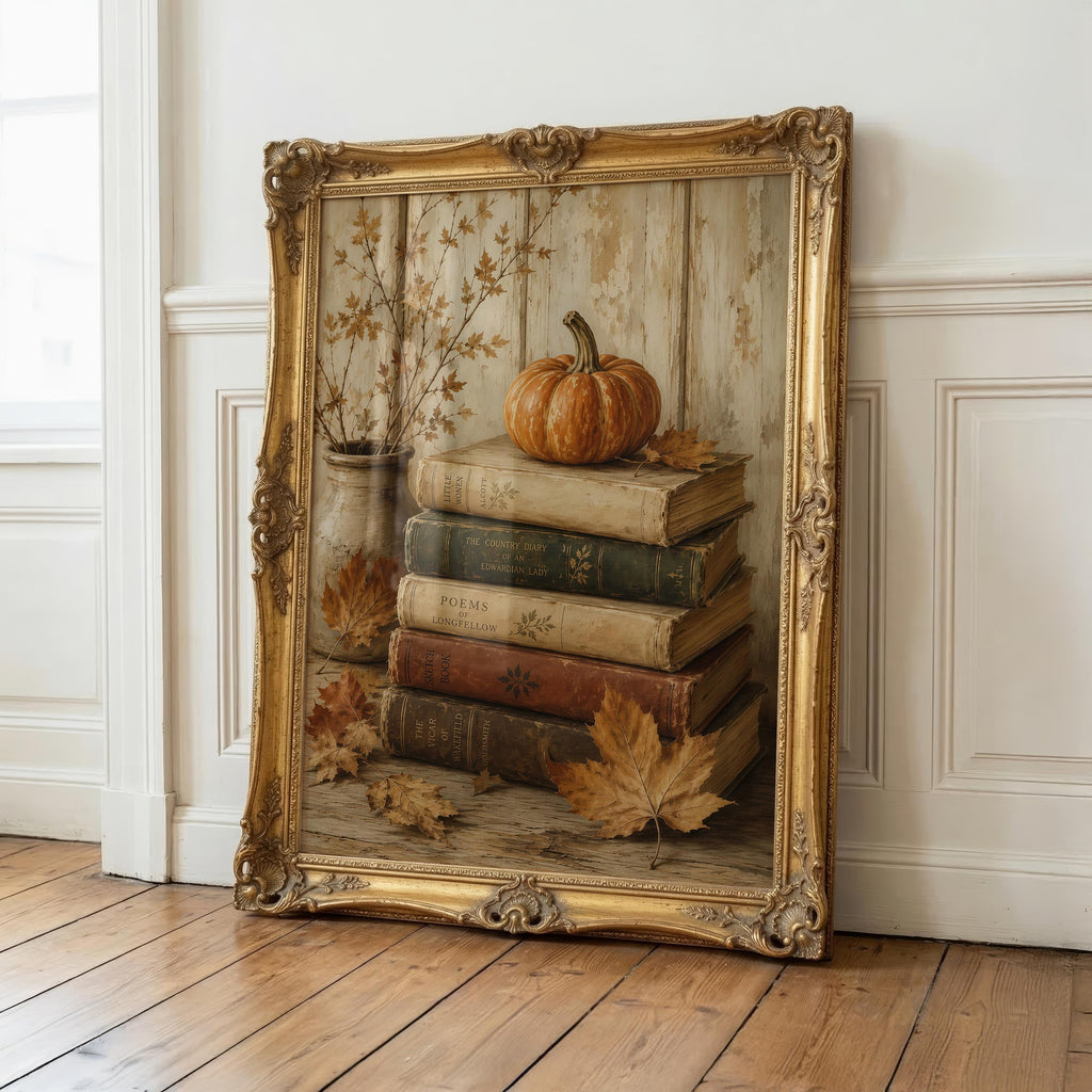 Pumpkin and Books Wall Art | Dark Academia Autumn Decor | Cozy Reading Nook Print | Fall Book Lover Gift
