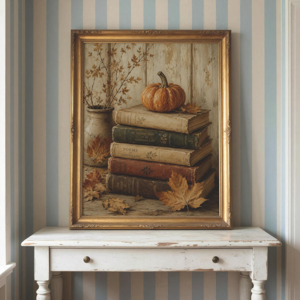 Pumpkin and Books Wall Art | Dark Academia Autumn Decor | Cozy Reading Nook Print | Fall Book Lover Gift