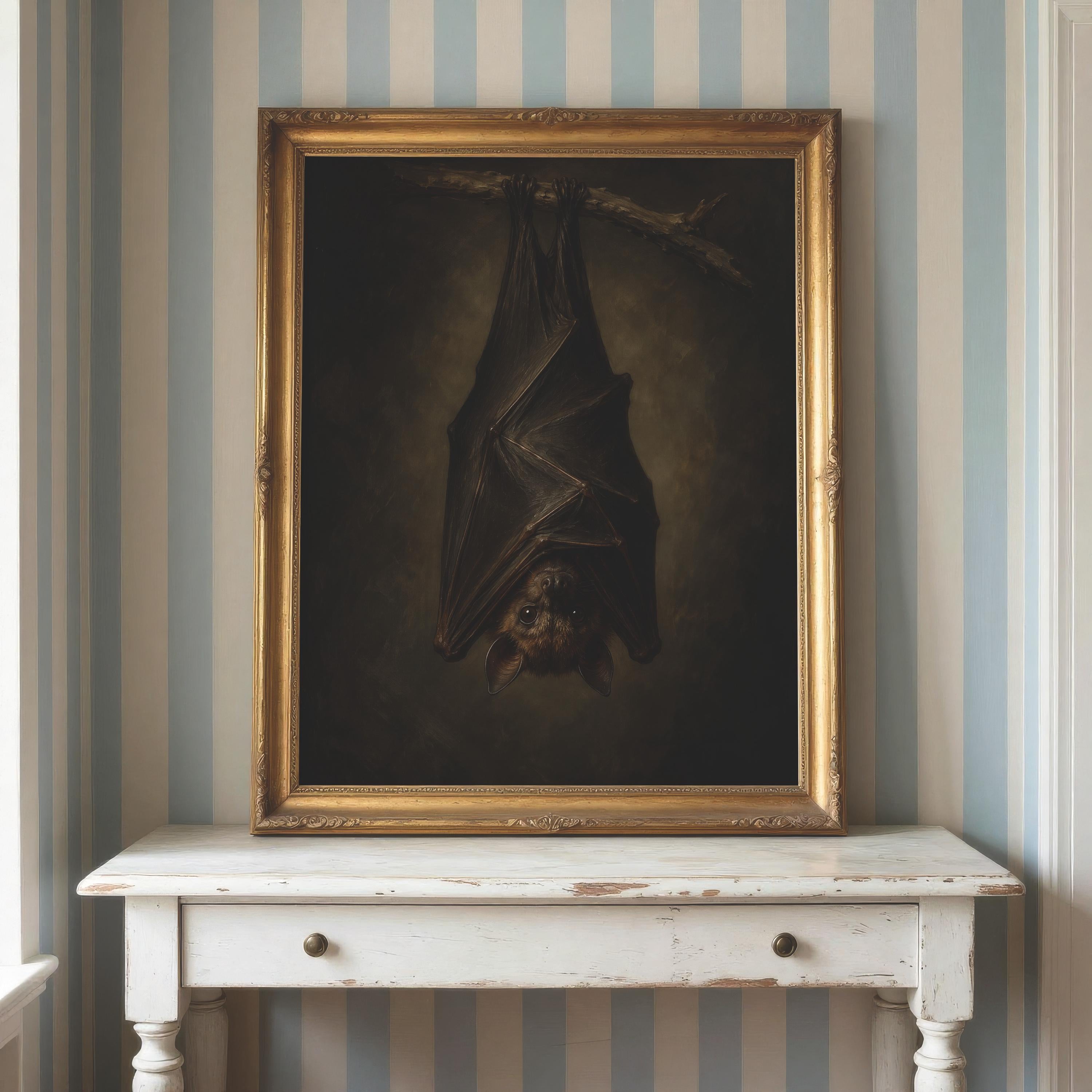Moody Bat Wall Art | Dark Academia Hanging Bat Decor | Gothic Witchcore Print | Vintage Halloween Painting