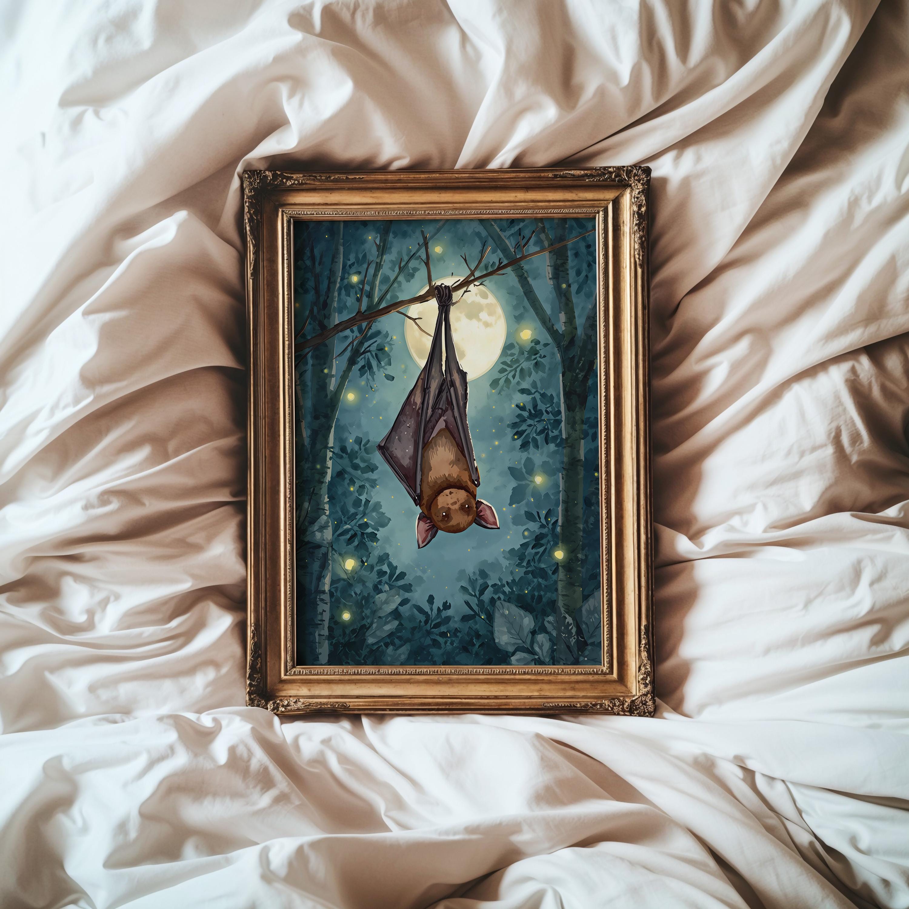 Cute Bat Wall Art | Halloween Bat Print | Moody Forest Decor | Spooky Season Wall Art | October Cottagecore Decor