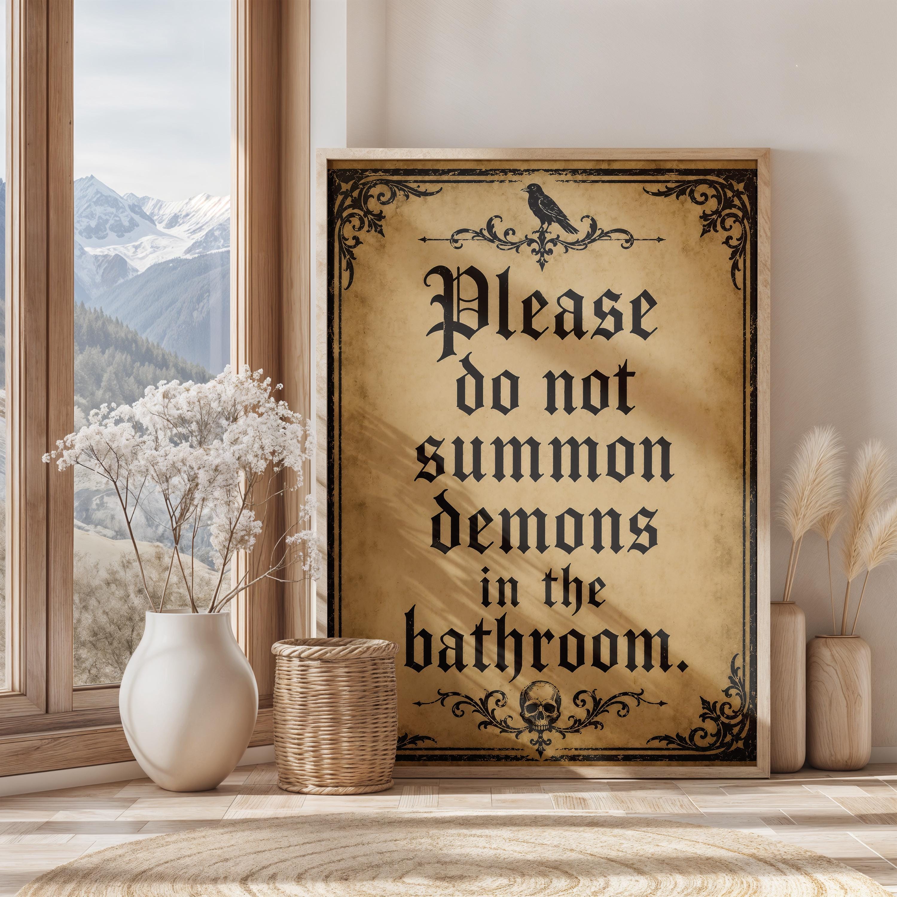 Please Do Not Summon Demons Print | Funny Bathroom Wall Art | Gothic Halloween Above Toilet Decor | Spooky Powder Room Artwork