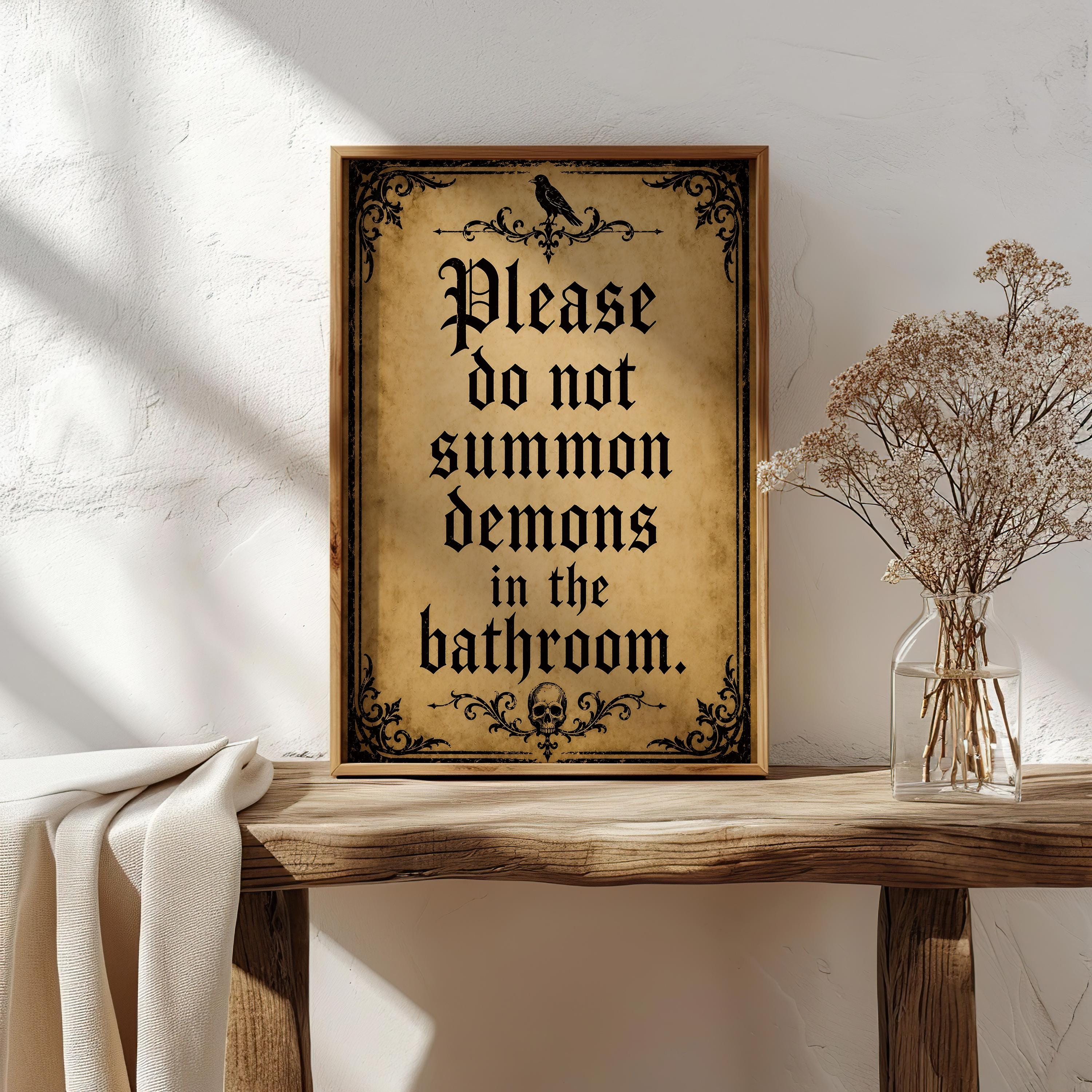 Please Do Not Summon Demons Print | Funny Bathroom Wall Art | Gothic Halloween Above Toilet Decor | Spooky Powder Room Artwork