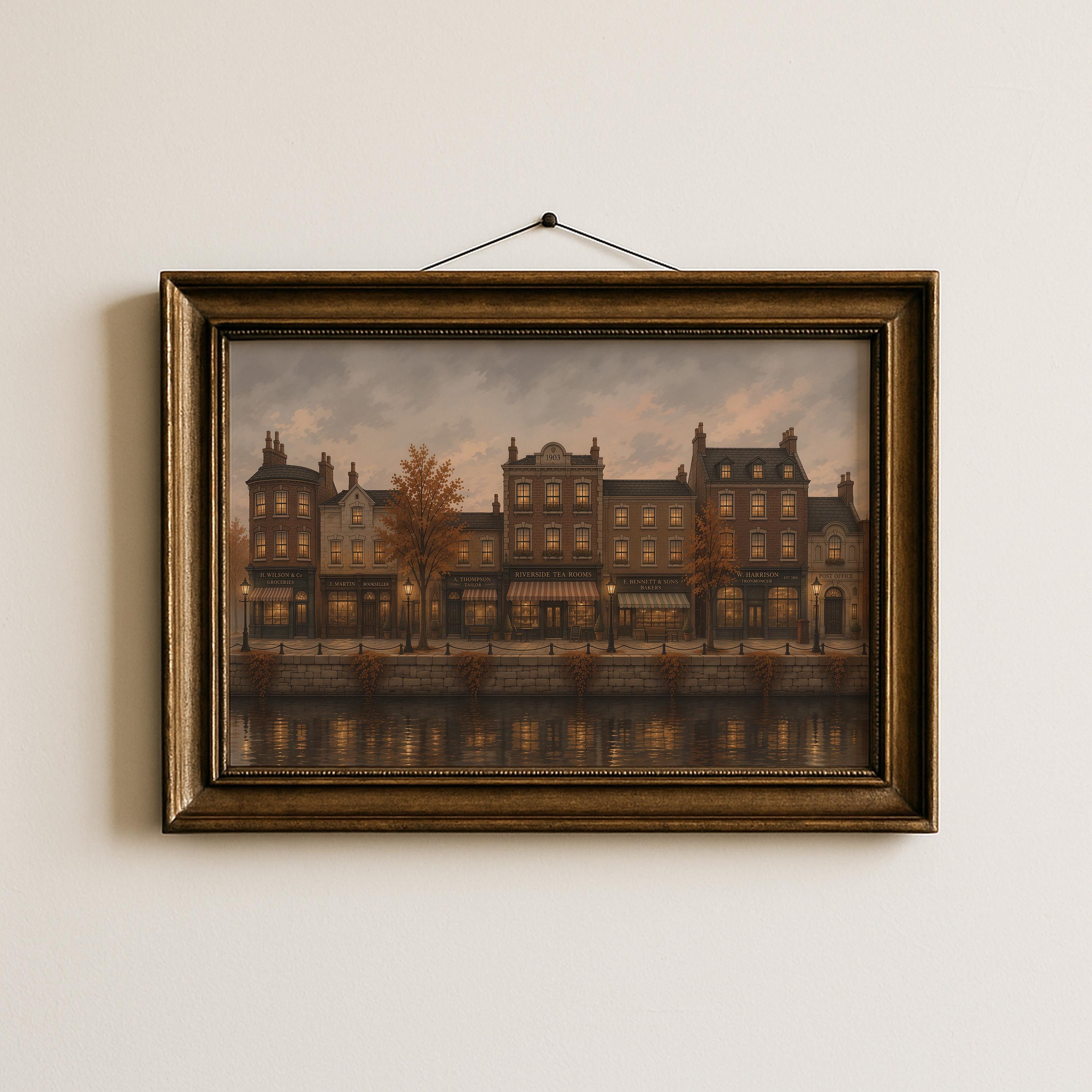 Moody Autumn City Canal Wall Art | Vintage Fall Street Painting | Cozy European Town Print | Dark Academia Decor