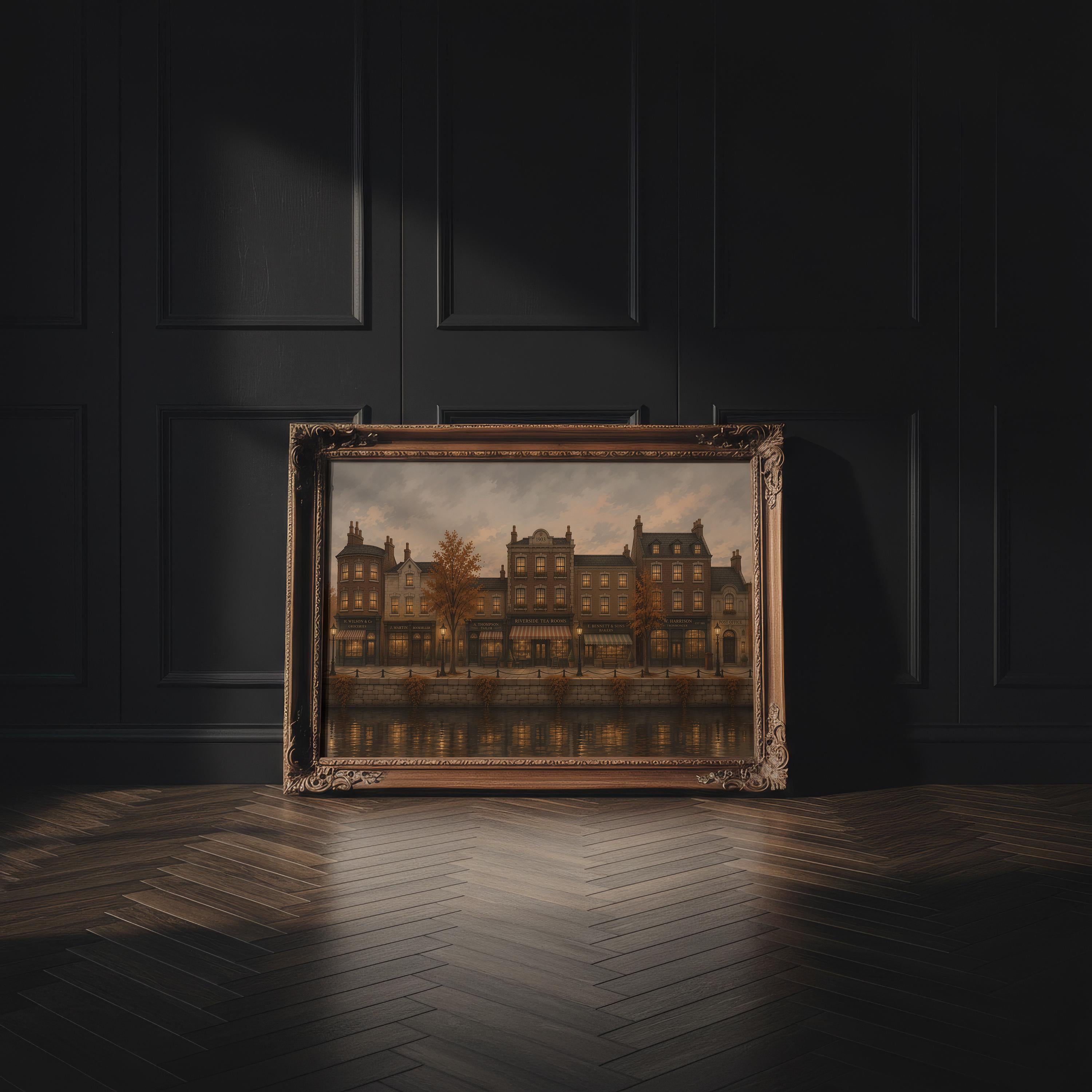 Moody Autumn City Canal Wall Art | Vintage Fall Street Painting | Cozy European Town Print | Dark Academia Decor