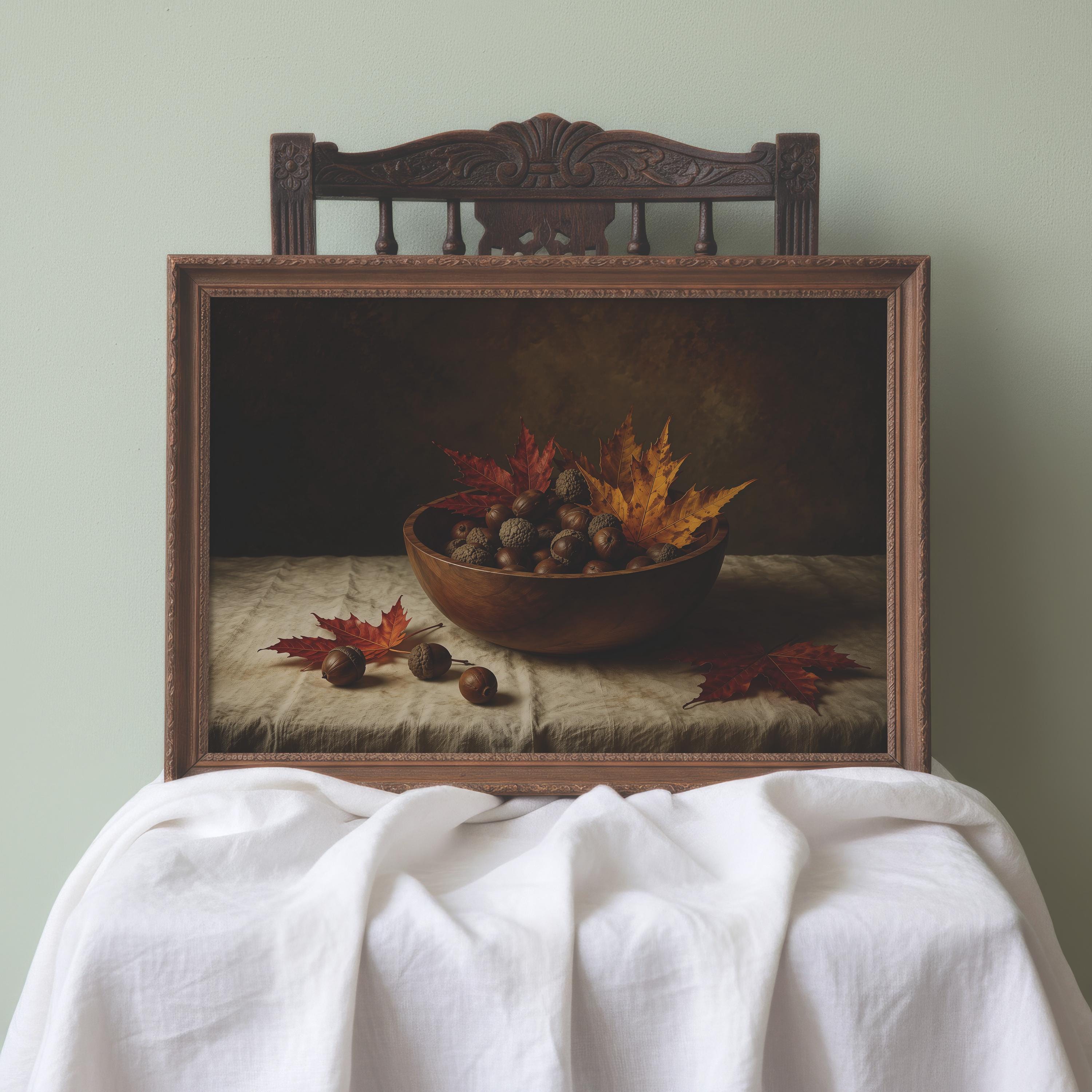 Vintage Autumn Still Life Print | Acorn Bowl Wall Art | Moody Fall Leaves Painting | Cozy Cottage Decor
