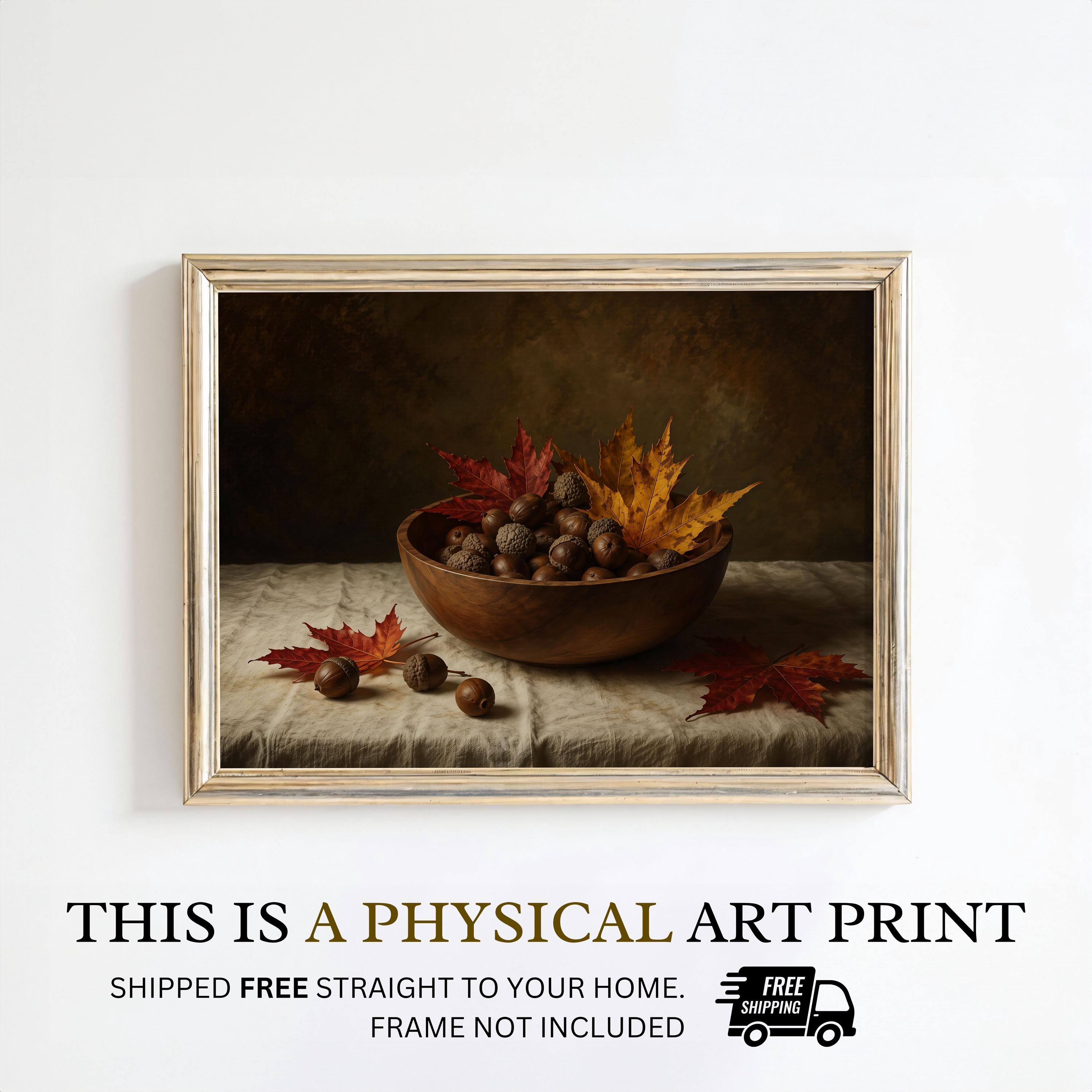 Vintage Autumn Still Life Print | Acorn Bowl Wall Art | Moody Fall Leaves Painting | Cozy Cottage Decor