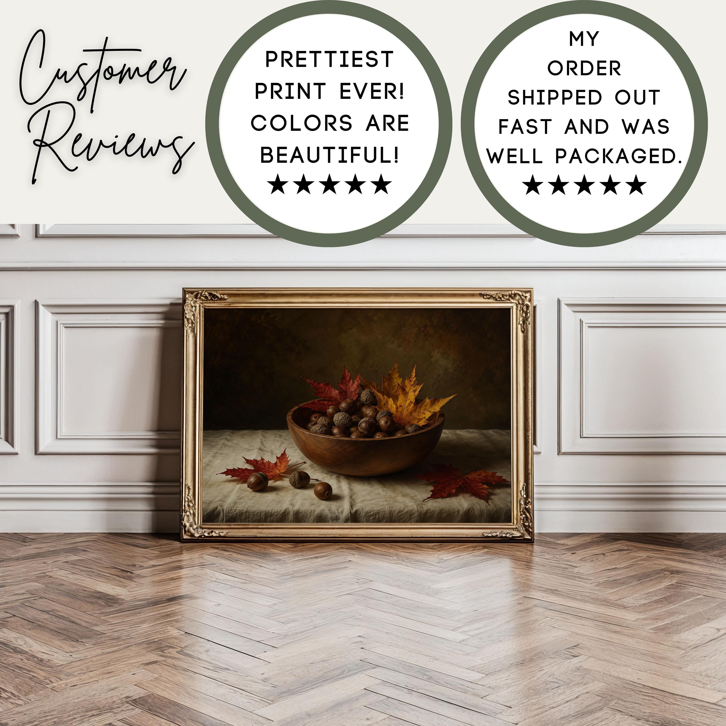 Vintage Autumn Still Life Print | Acorn Bowl Wall Art | Moody Fall Leaves Painting | Cozy Cottage Decor