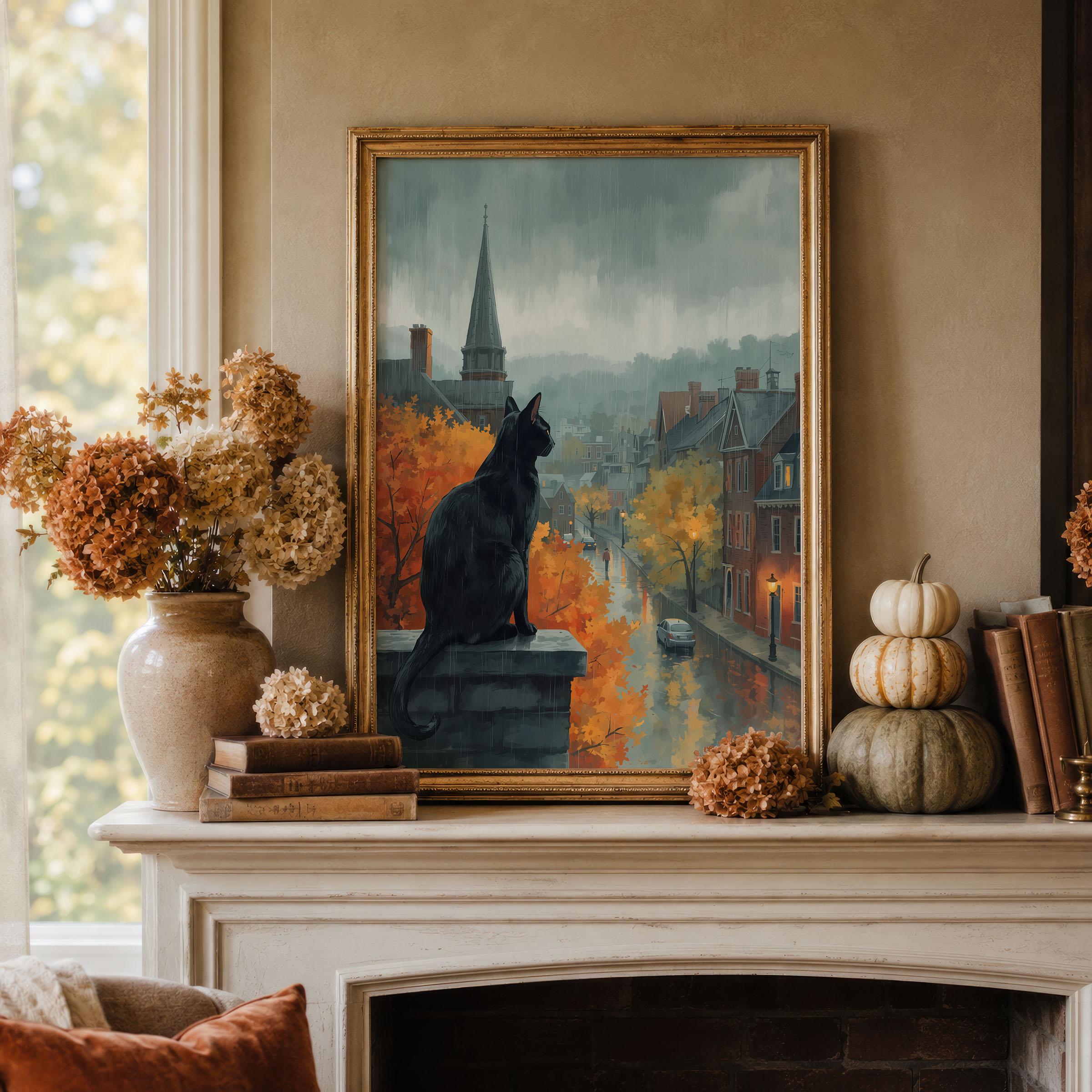 Black Cat Wall Art | Moody Autumn Print | Vintage Salem Halloween Painting | Dark Academia Fall Decor
