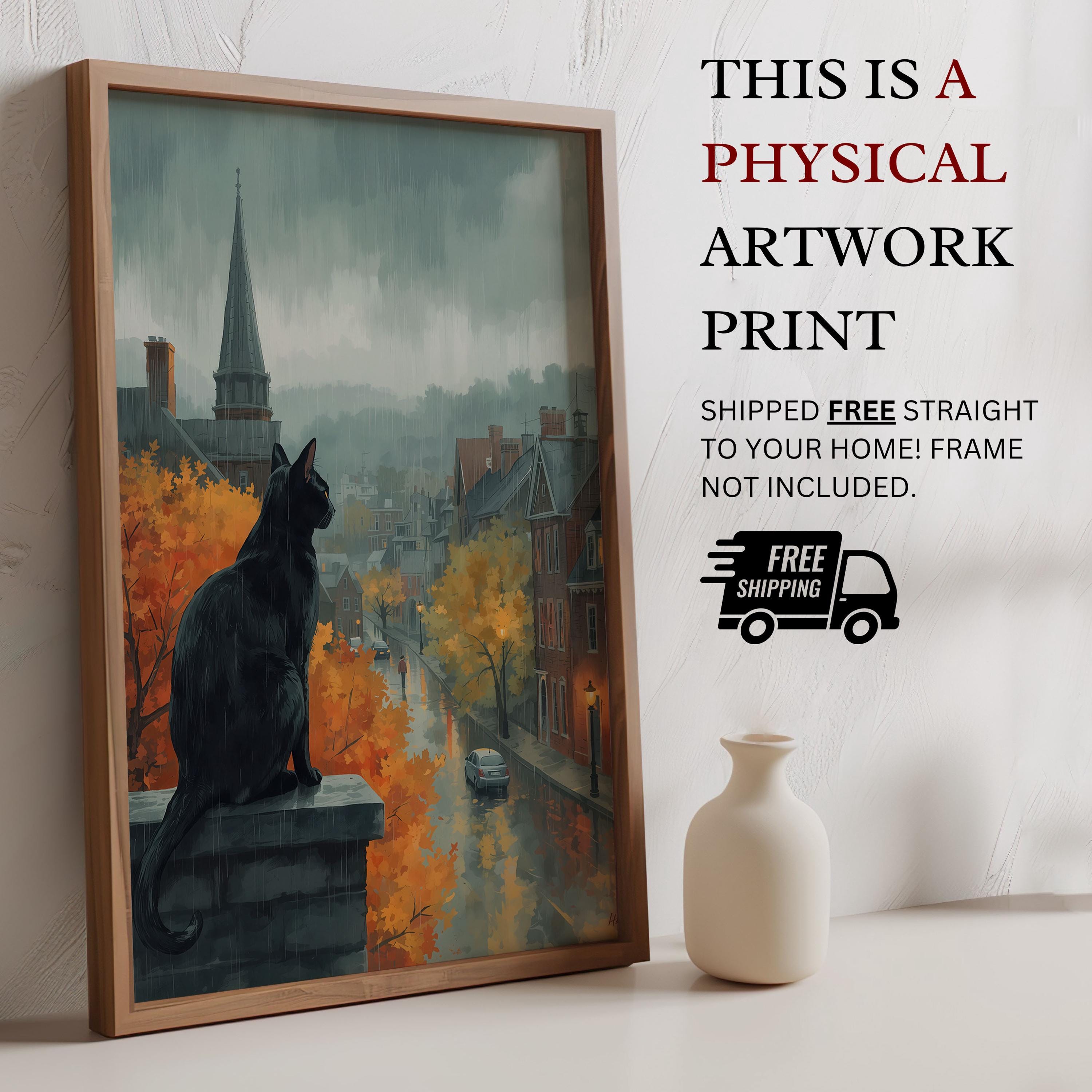 Black Cat Wall Art | Moody Autumn Print | Vintage Salem Halloween Painting | Dark Academia Fall Decor