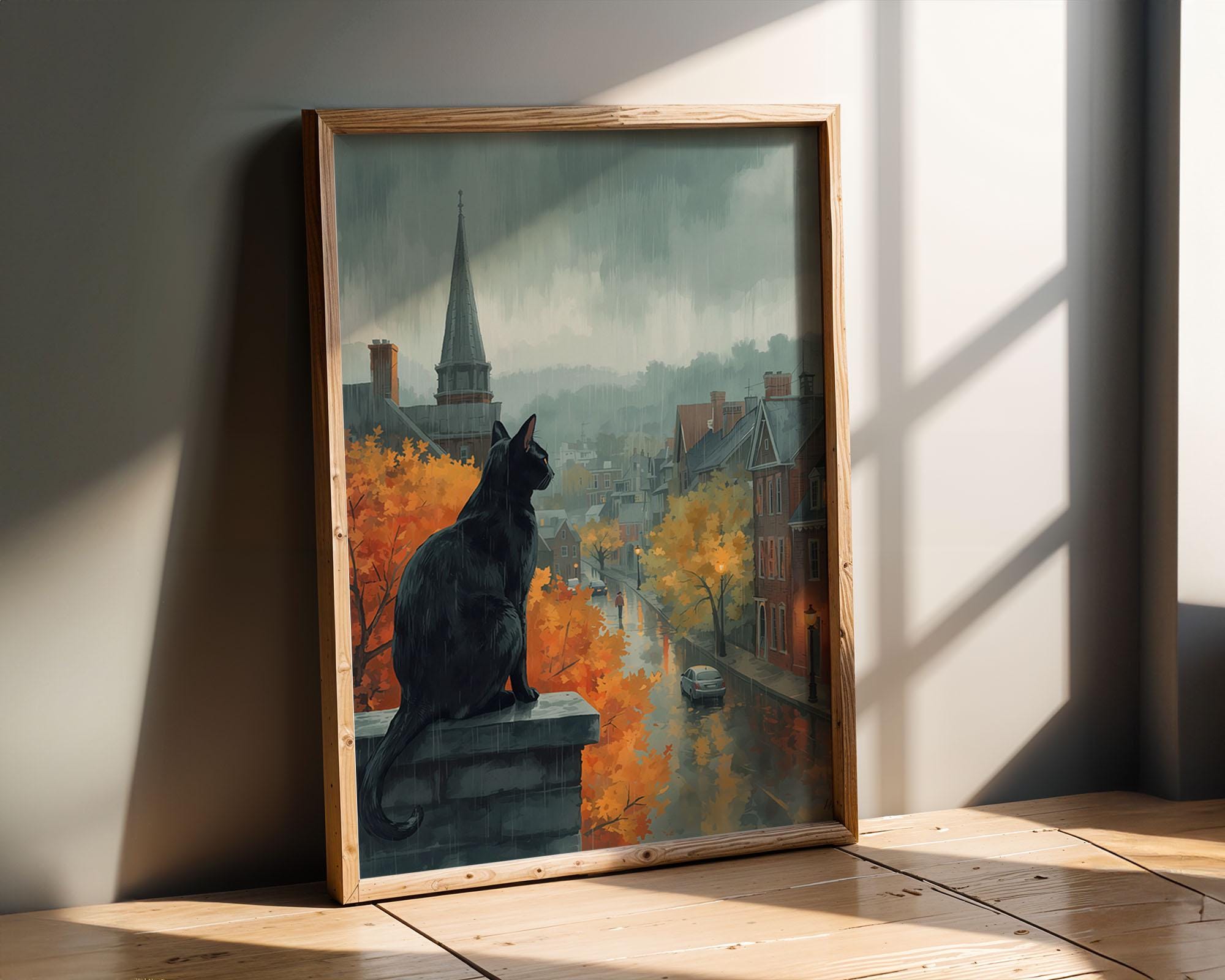 Black Cat Wall Art | Moody Autumn Print | Vintage Salem Halloween Painting | Dark Academia Fall Decor