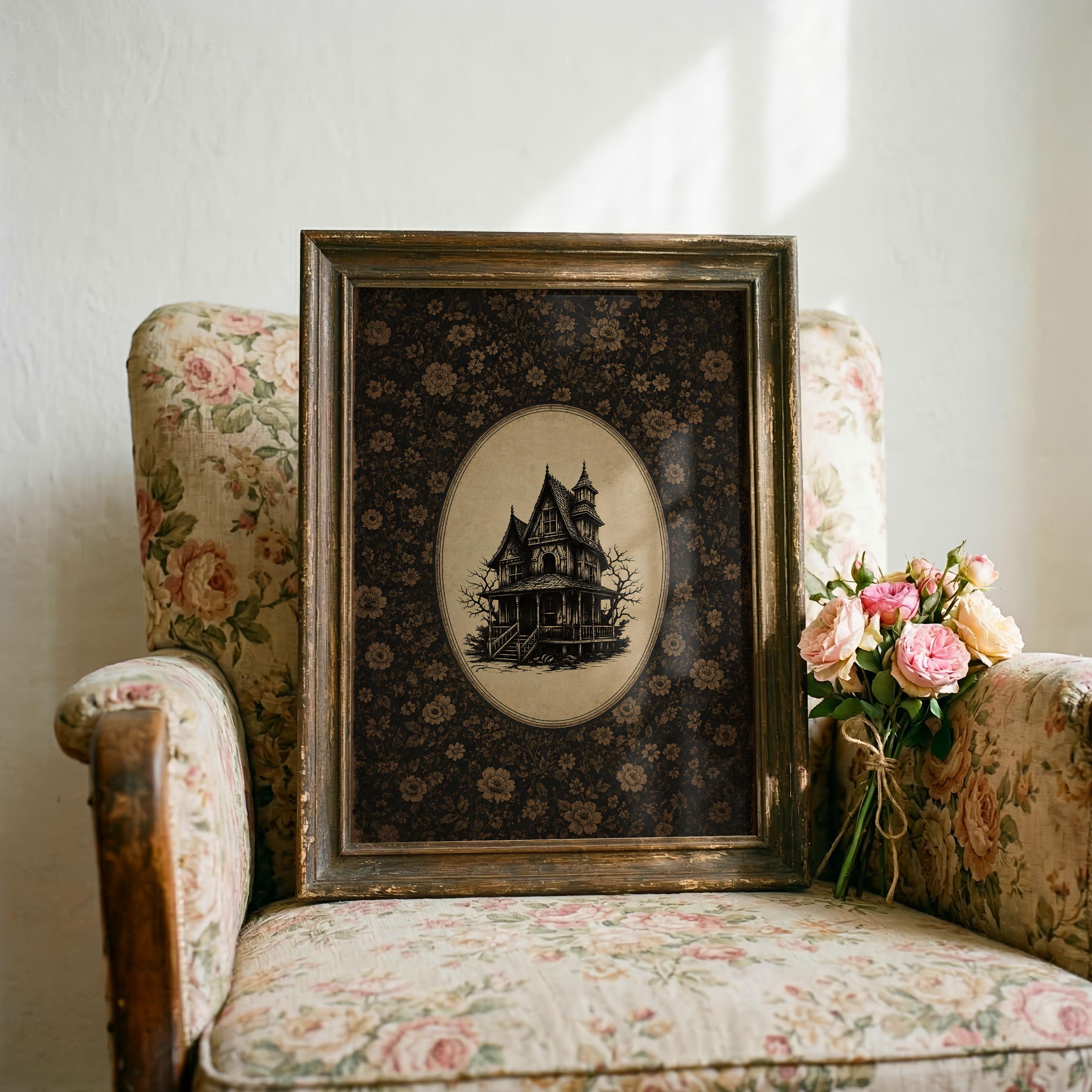 Cute Haunted House Wall Art | Vintage Halloween Wallpaper Print | Whimsical Gothic Decor | Spooky Cottage Art