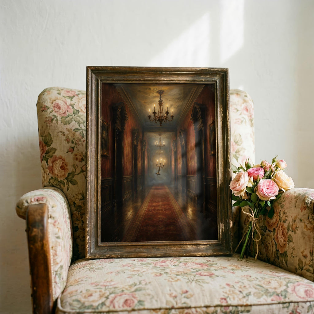 Floating Candelabra Wall Art | Haunted Hallway Print | Spooky Gothic Halloween Decor | Dark Academia Painting