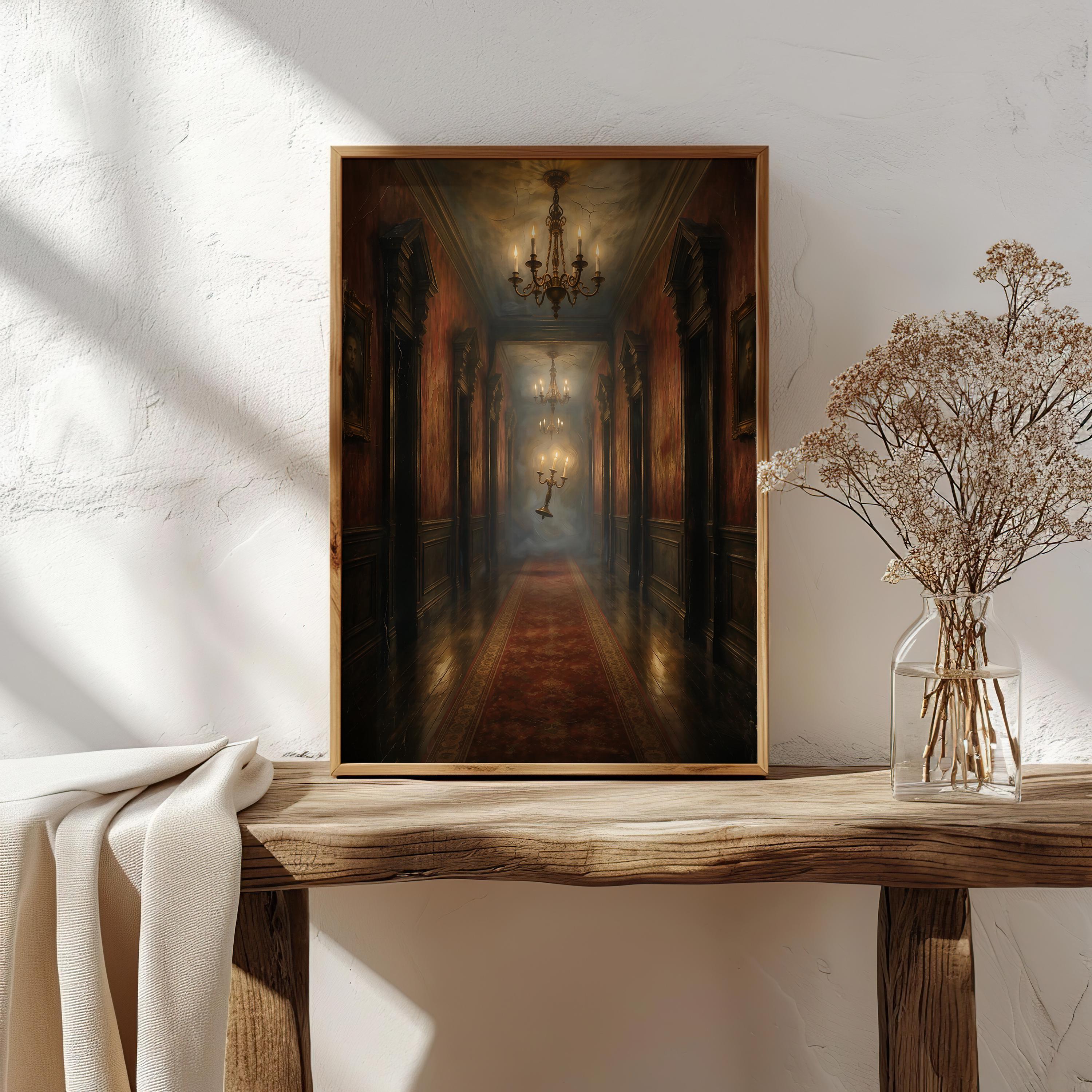 Floating Candelabra Wall Art | Haunted Hallway Print | Spooky Gothic Halloween Decor | Dark Academia Painting