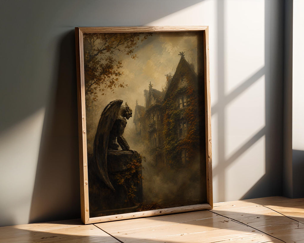 Stone Gargoyle Wall Art | Gothic Manor Painting | Dark Autumn Academia Decor | Haunted House Artwork for Halloween