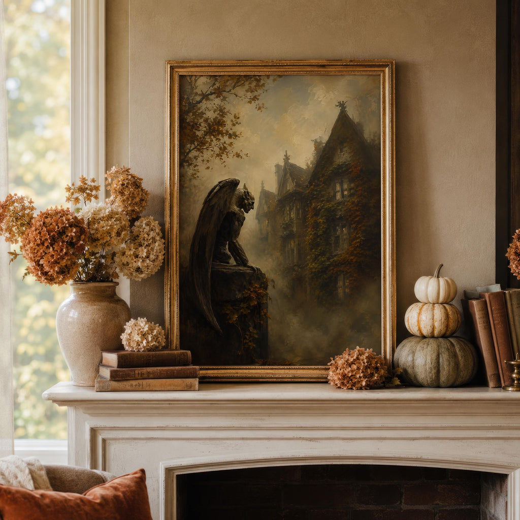 Stone Gargoyle Wall Art | Gothic Manor Painting | Dark Autumn Academia Decor | Haunted House Artwork for Halloween