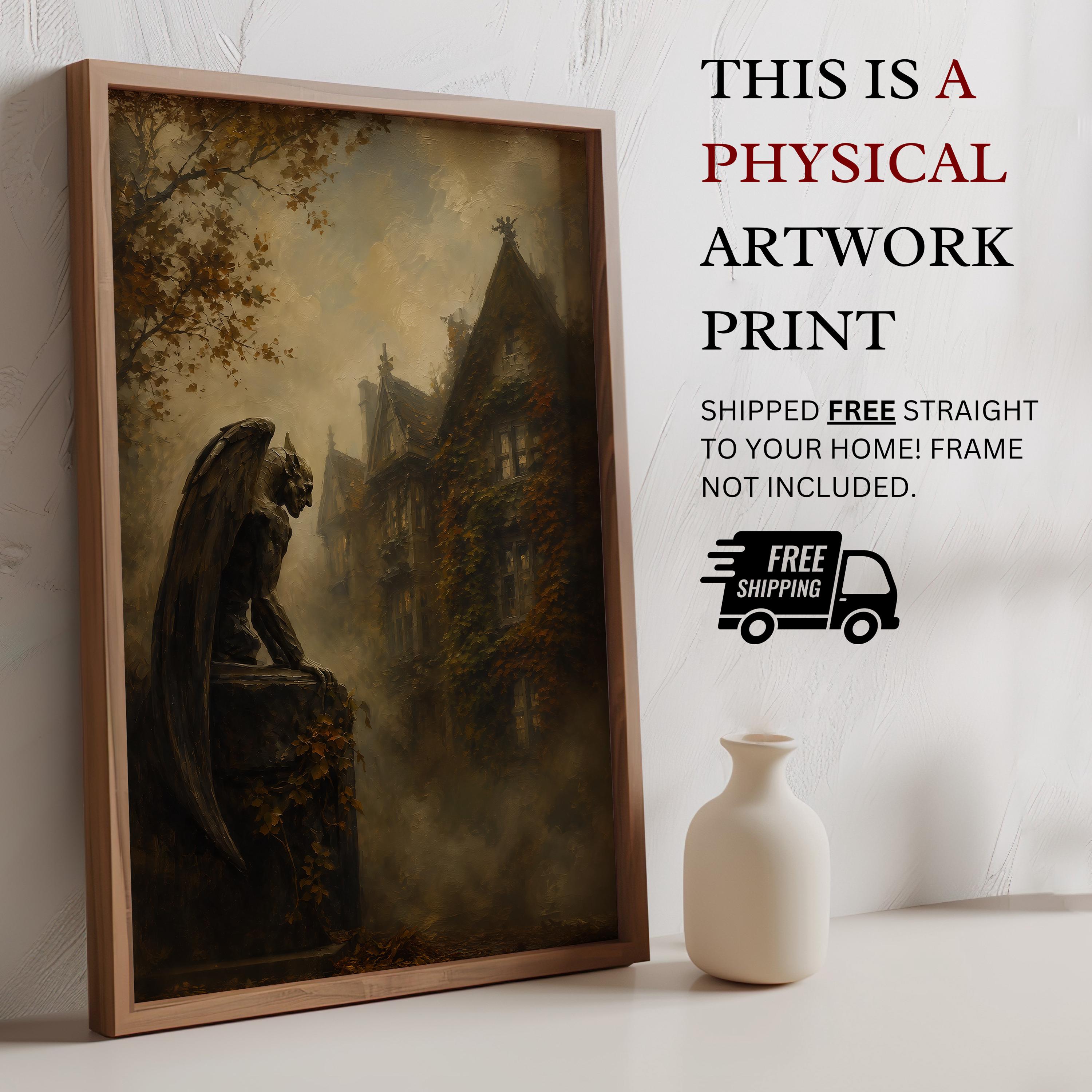 Stone Gargoyle Wall Art | Gothic Manor Painting | Dark Autumn Academia Decor | Haunted House Artwork for Halloween