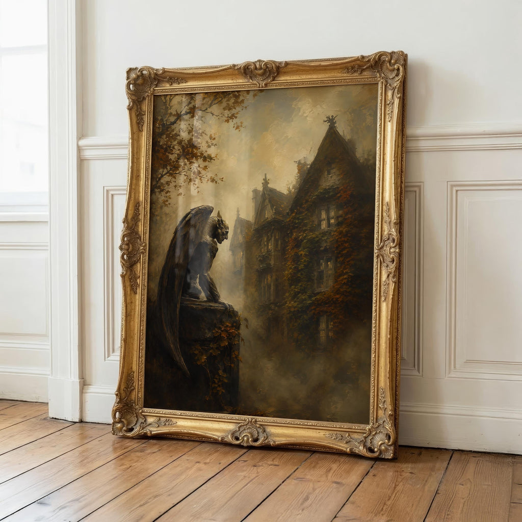 Stone Gargoyle Wall Art | Gothic Manor Painting | Dark Autumn Academia Decor | Haunted House Artwork for Halloween