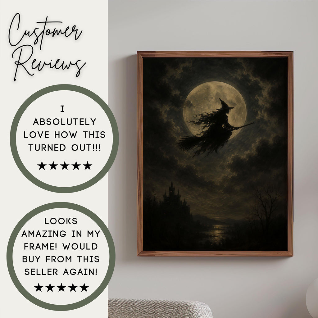Flying Witch Moon Wall Art | Halloween Print | Dark Fantasy Decor | Gothic Witch Artwork | Spooky Night Sky